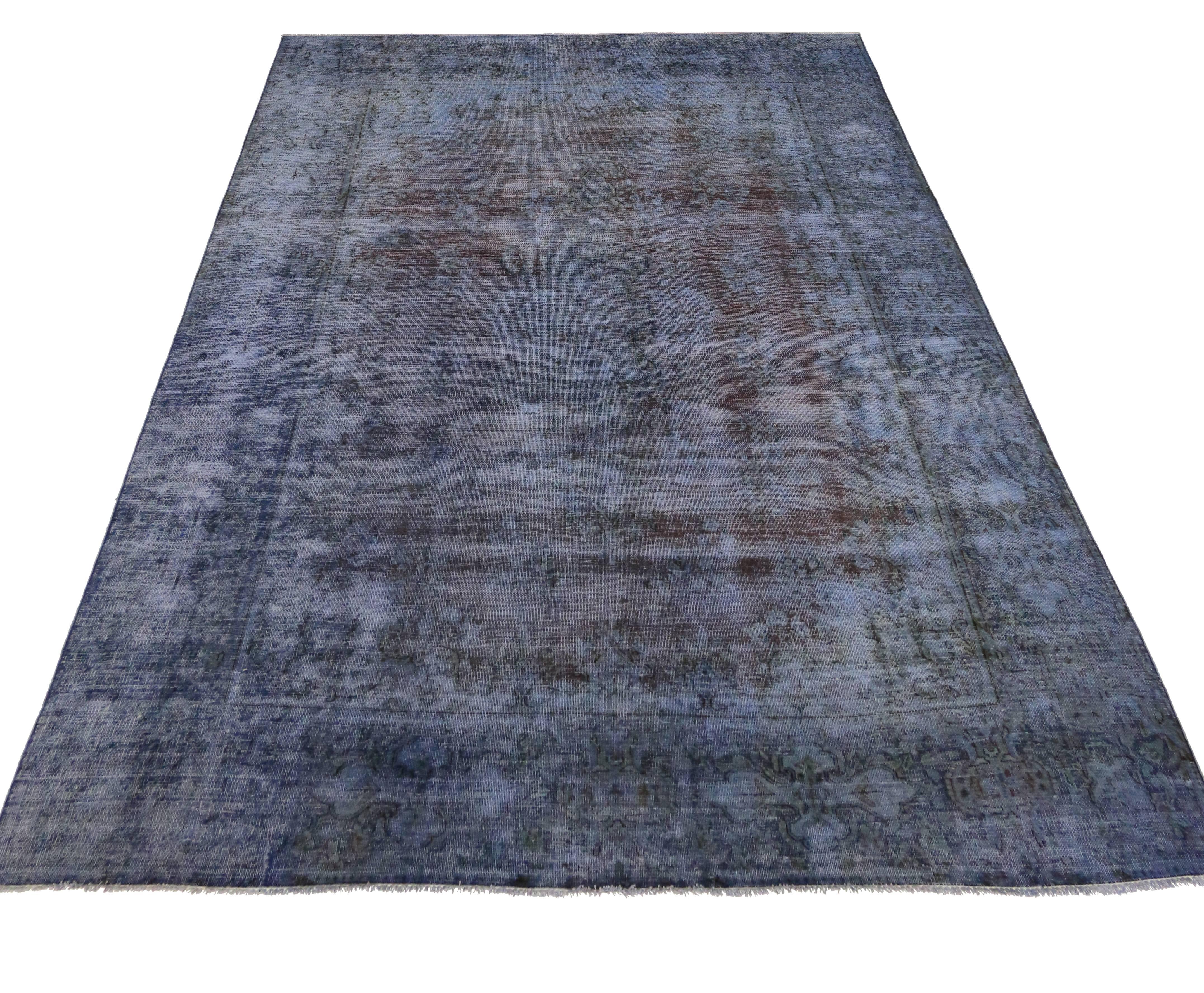 Wool Distressed Vintage Persian Rug Overdyed with Modern Industrial Style