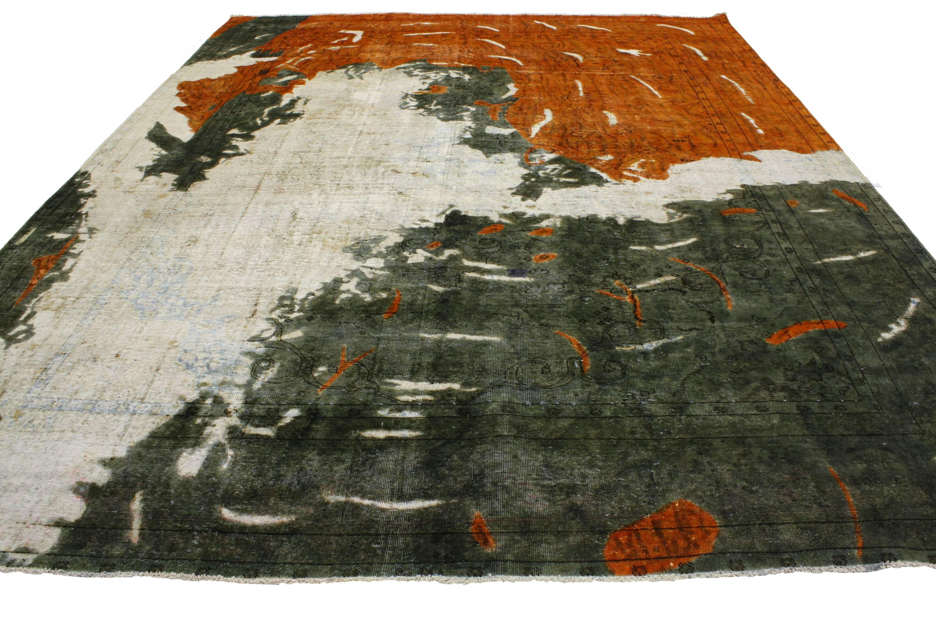 Hand-Knotted Distressed Vintage Persian Rug Overdyed with Modern Industrial Style