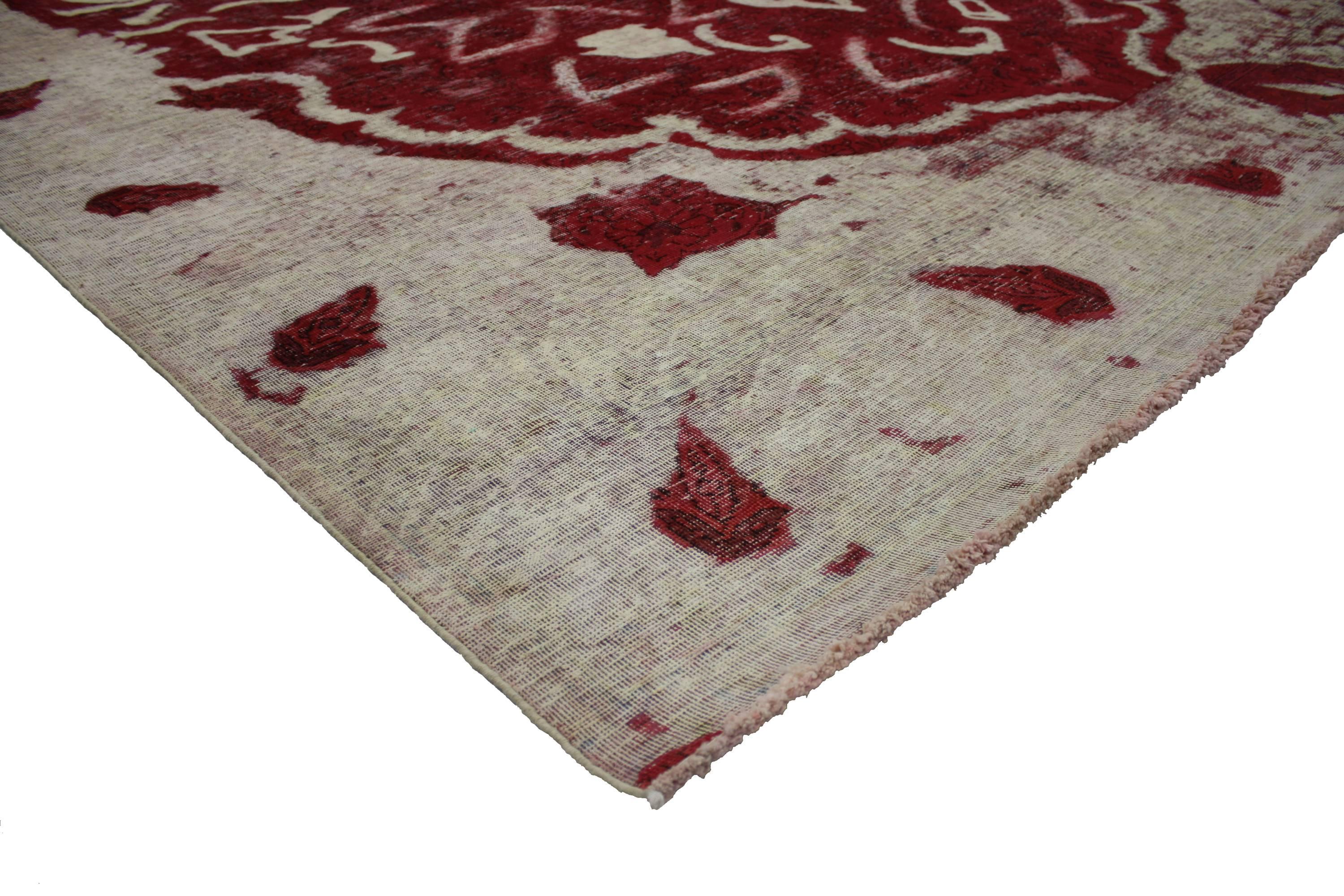 80235 Vintage Persian Red Overdyed Rug, 09'03 x 12'09. 
​Introducing the magnificent vintage Persian overdyed rug, a true masterpiece that exudes an unparalleled gracefulness in its design. Prepare to be captivated by the sheer beauty that unfolds