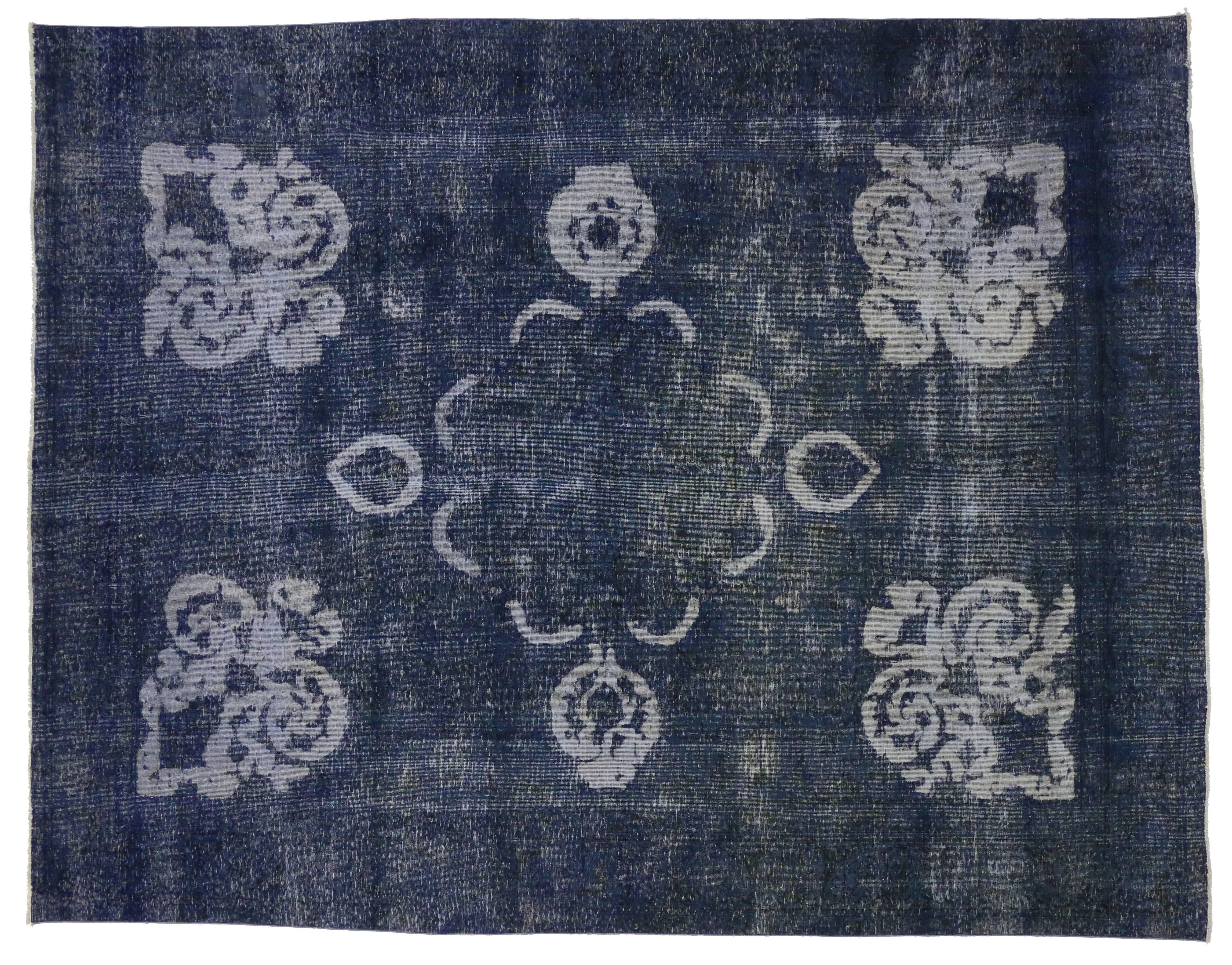 Wool Distressed Overdyed Blue Vintage Persian Rug with Modern Industrial Style