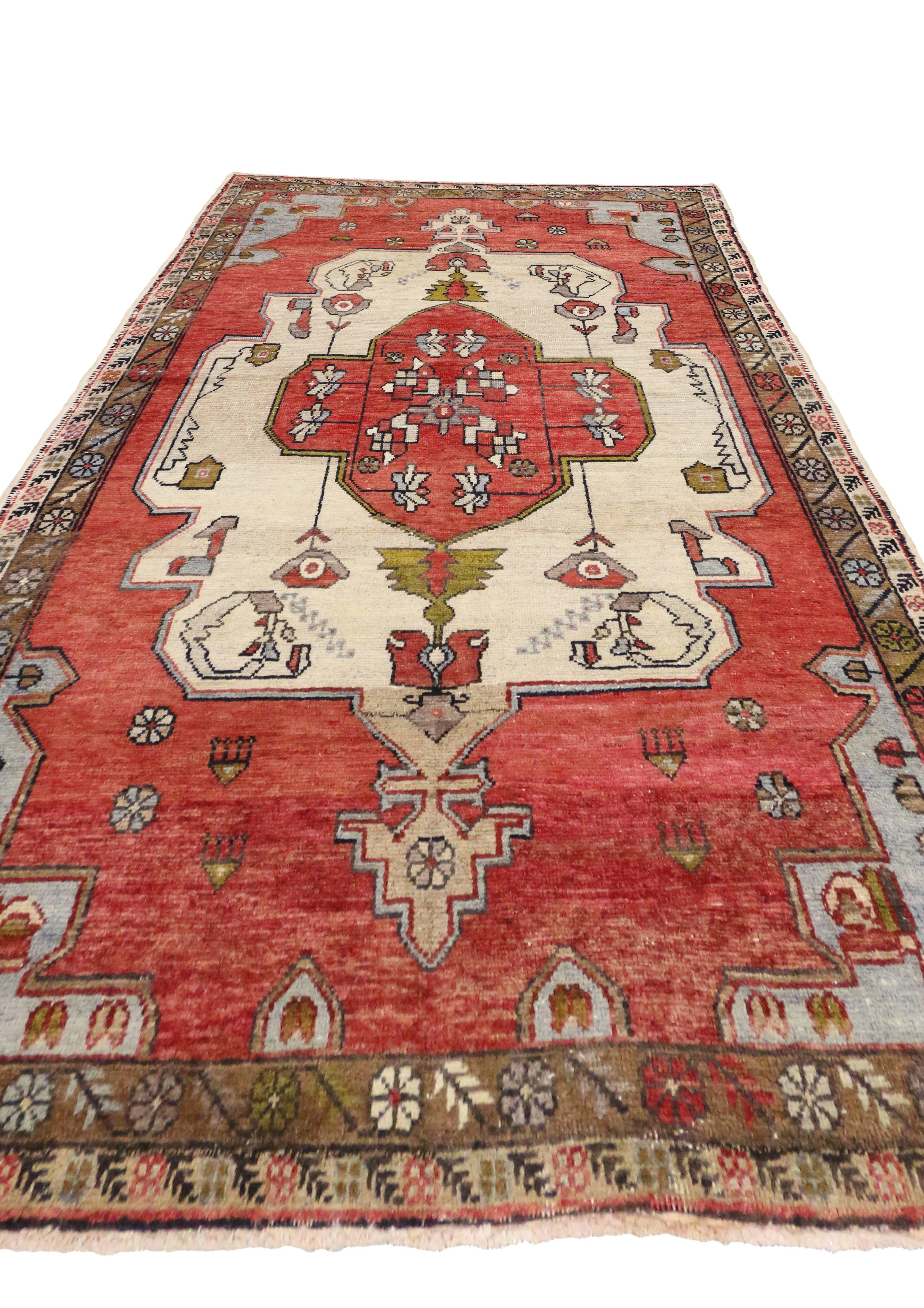 Hand-Knotted Vintage Turkish Oushak Gallery Rug with Modern Traditional Style For Sale