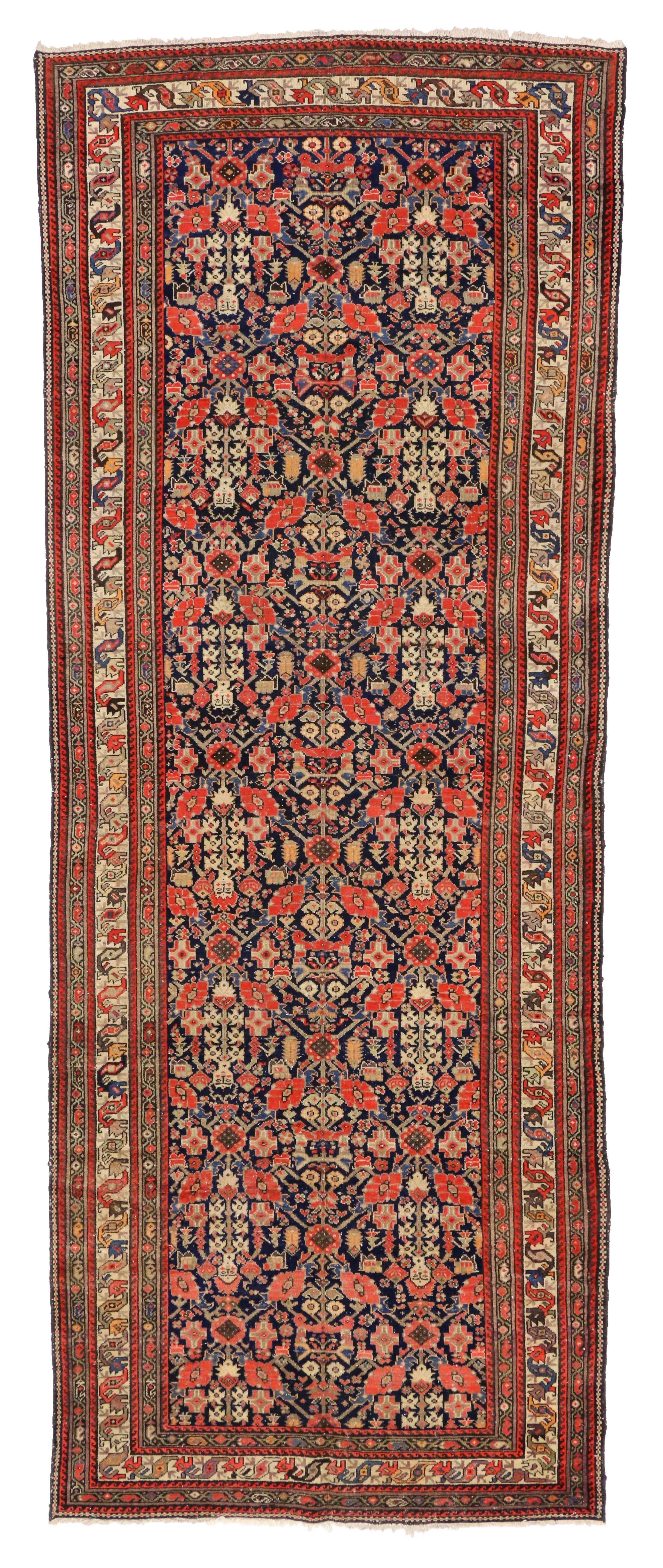 Antique Persian Malayer Gallery Rug with Guli Hannai Flower, Wide Hallway Runner 5