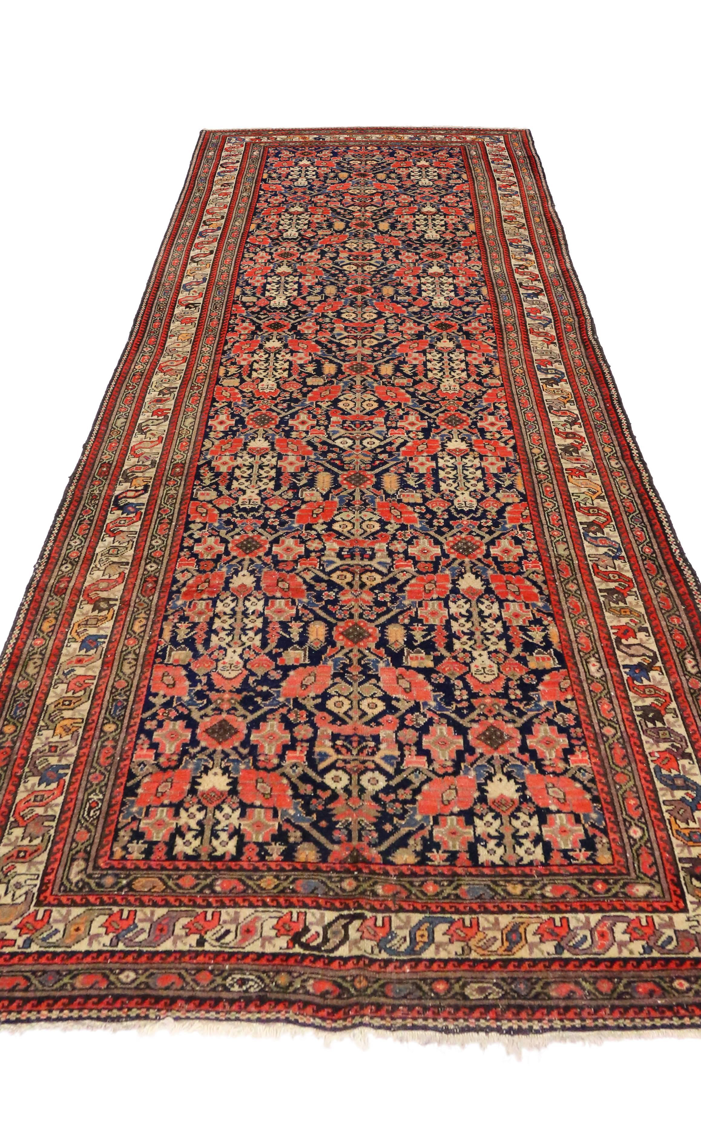 Antique Persian Malayer Gallery Rug with Guli Hannai Flower, Wide Hallway Runner 2