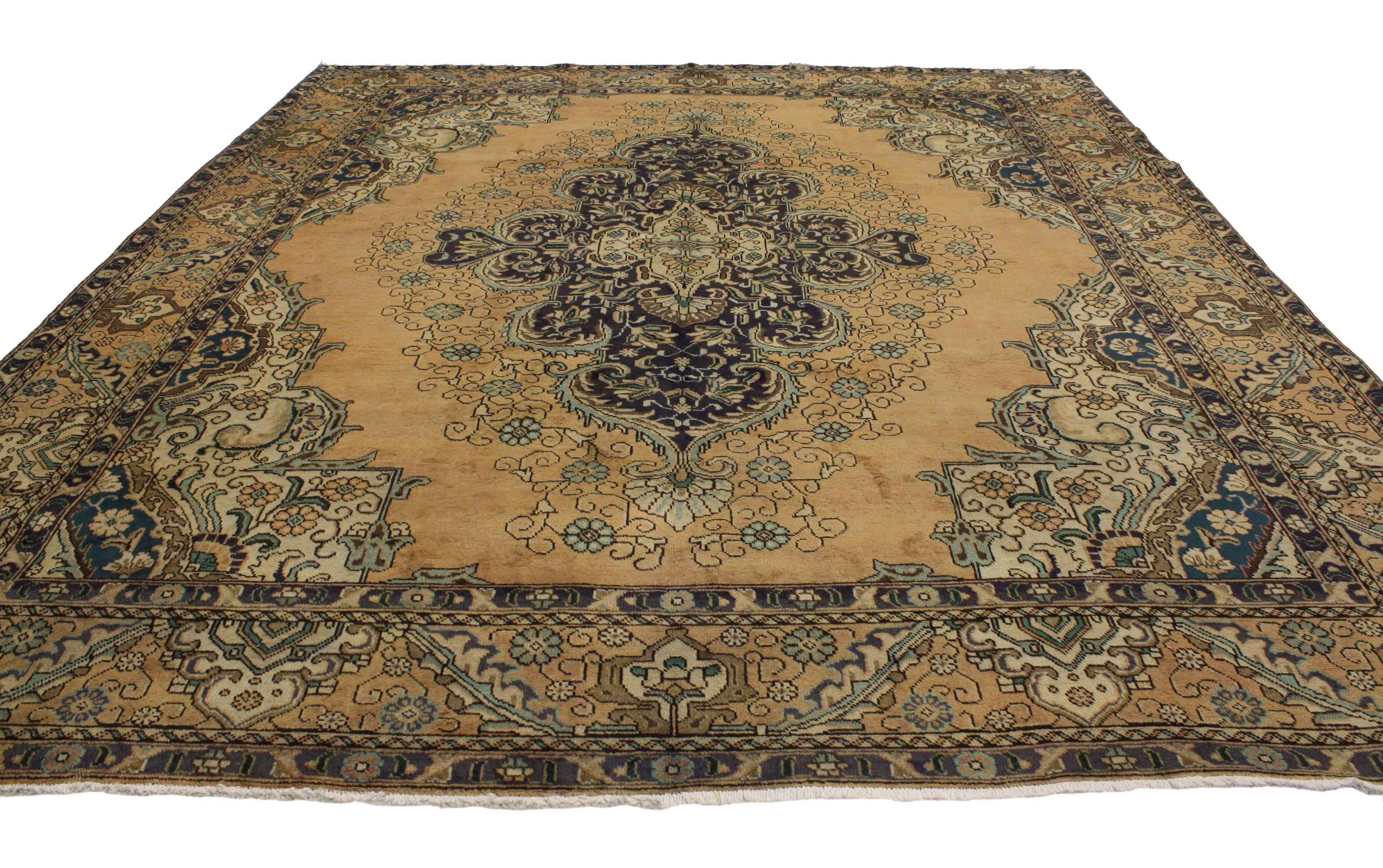 Hand-Knotted Vintage Persian Tabriz Area Rug with Neoclassical Hollywood Regency Glamour For Sale