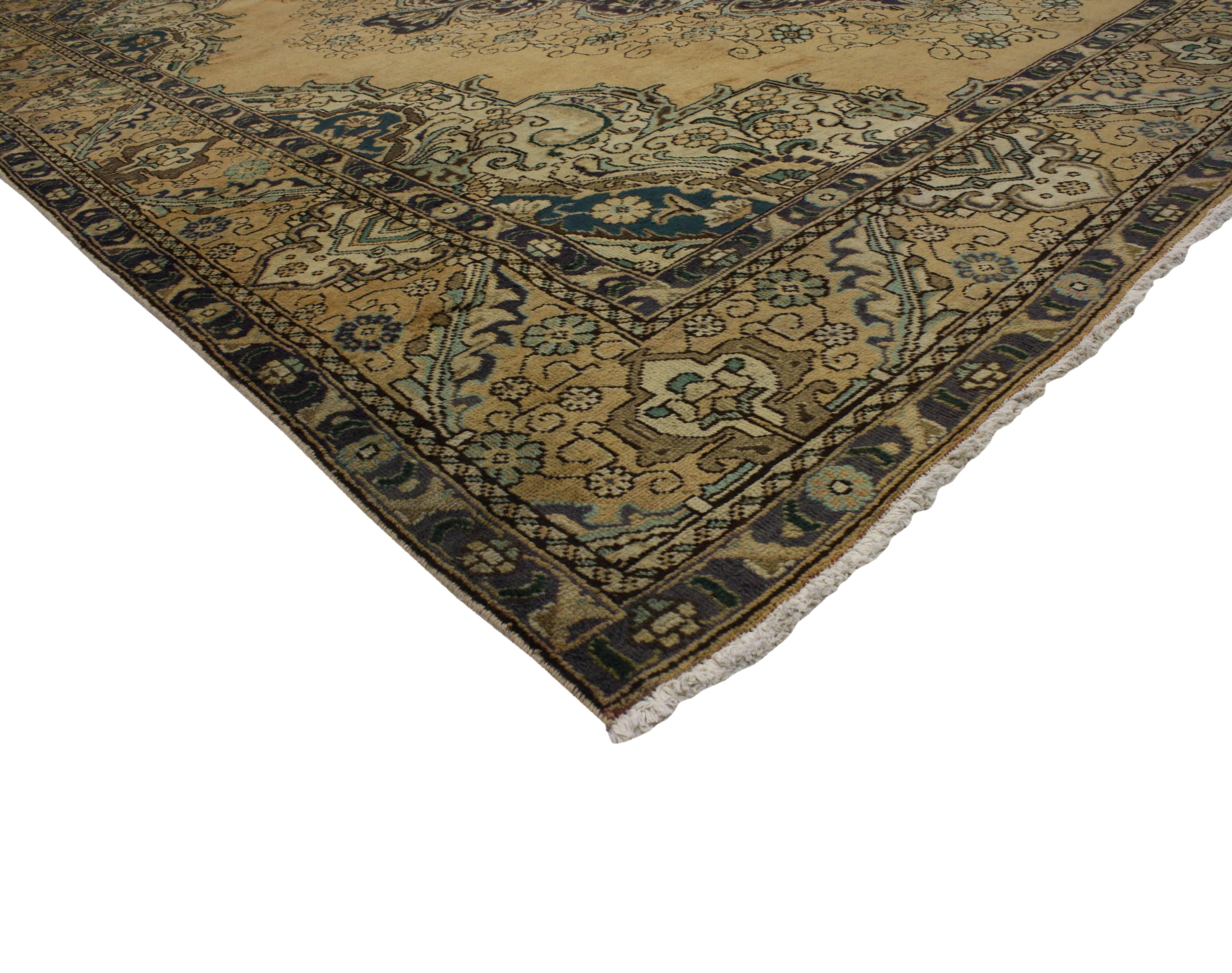 Wool Vintage Persian Tabriz Area Rug with Neoclassical Hollywood Regency Glamour For Sale