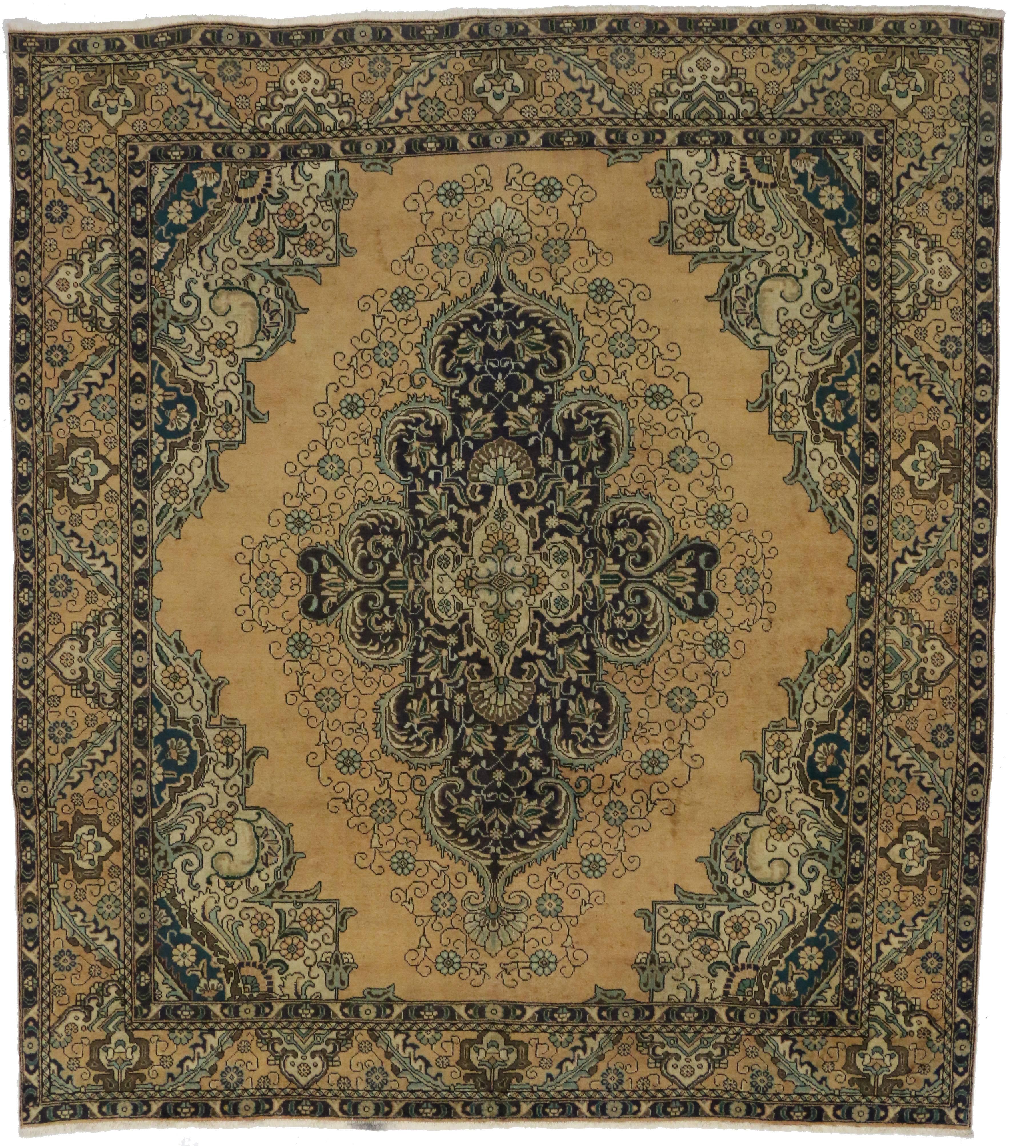 Vintage Persian Tabriz Area Rug with Neoclassical Hollywood Regency Glamour For Sale 1