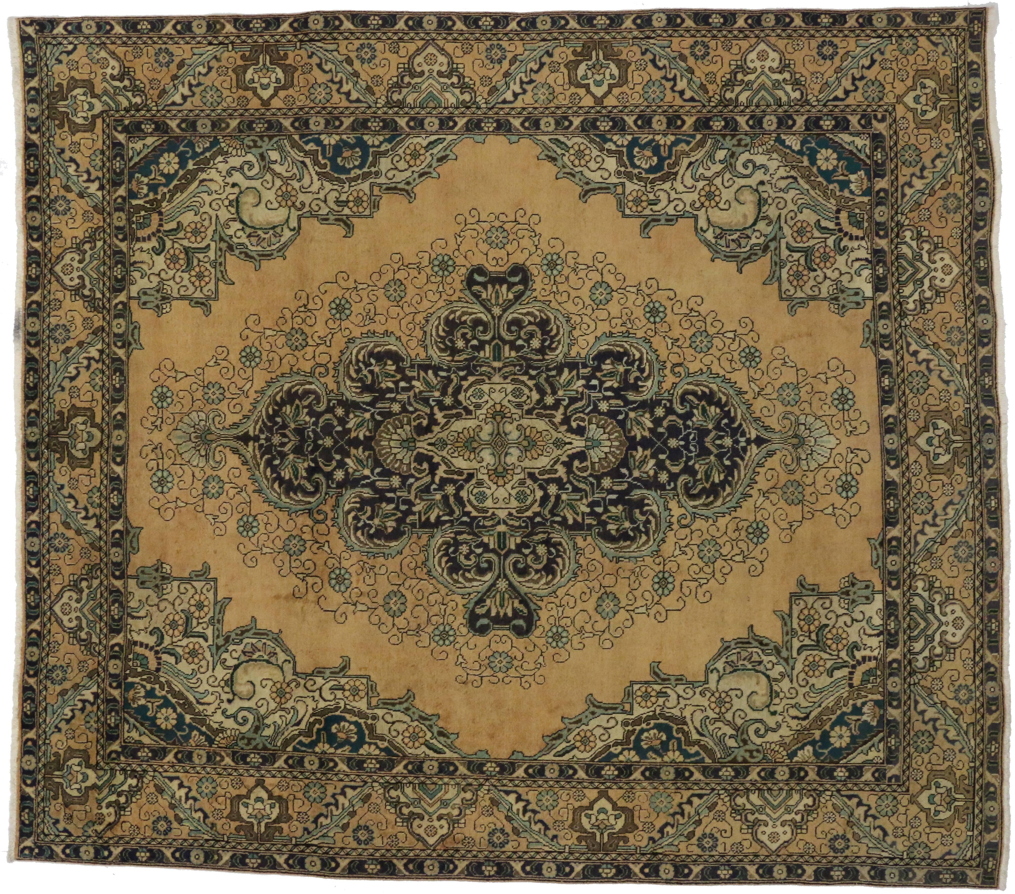 Vintage Persian Tabriz Area Rug with Neoclassical Hollywood Regency Glamour For Sale 2