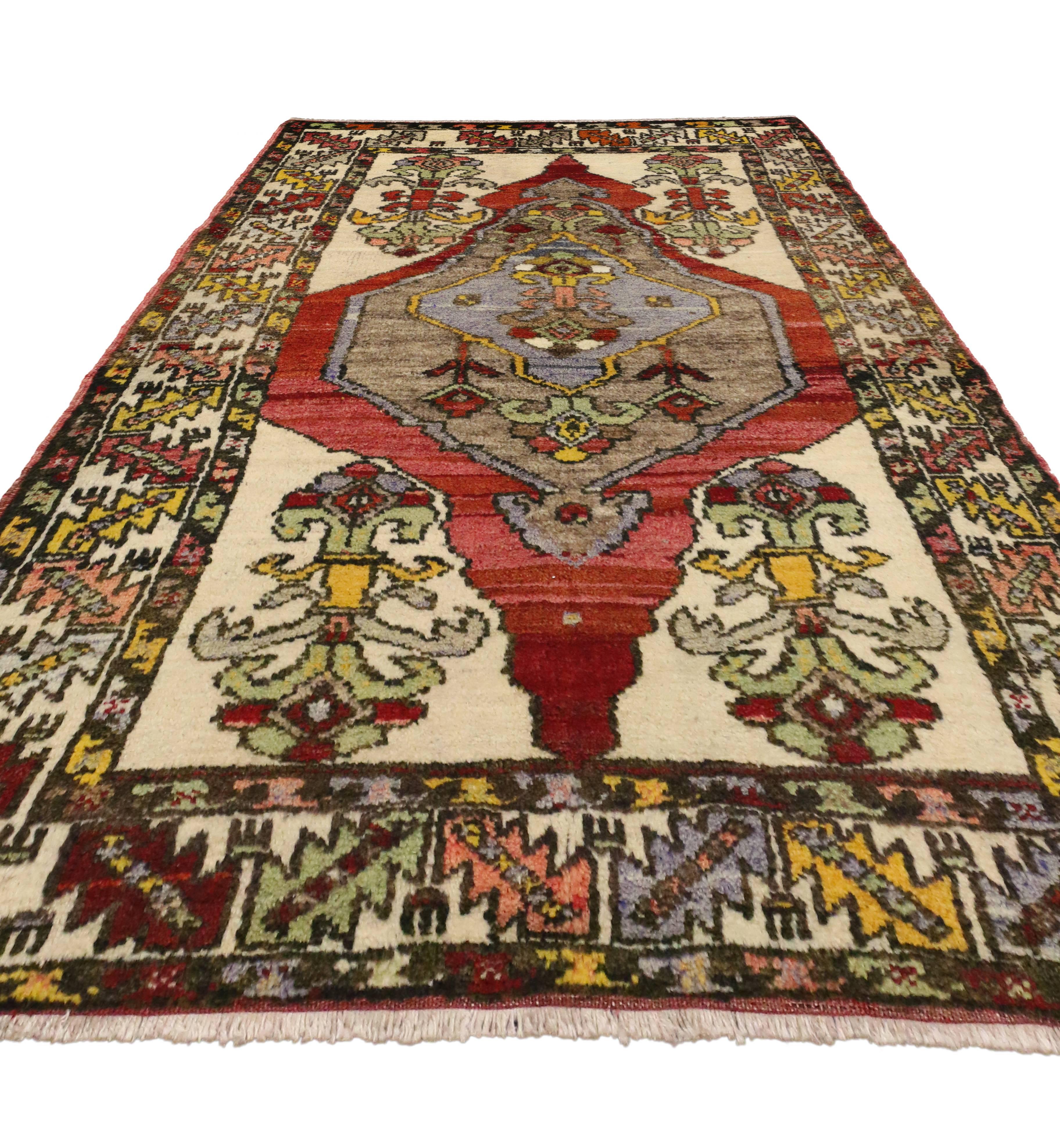 Hand-Knotted Vintage Turkish Oushak Rug with Modern Traditional Style For Sale