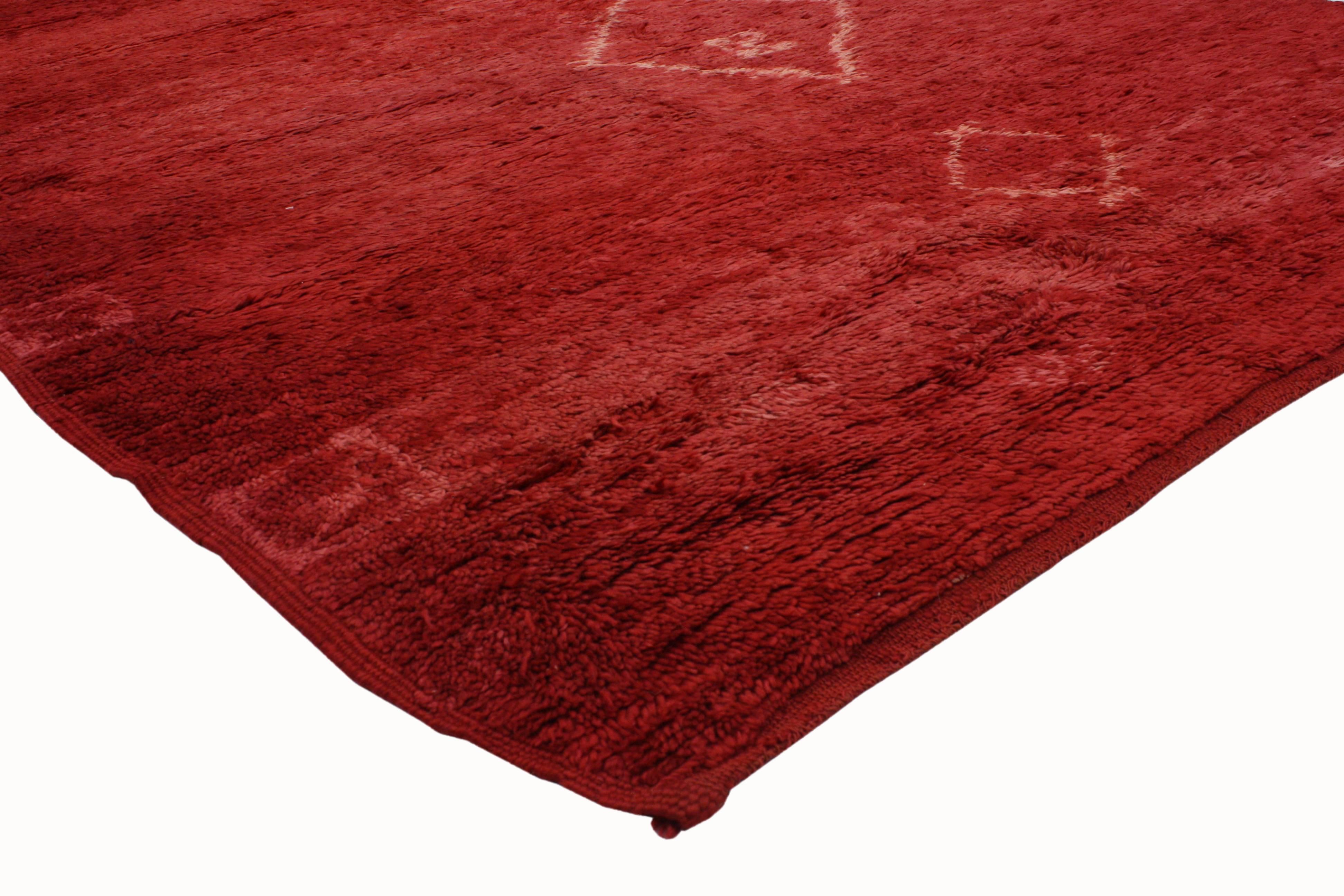  20112 Vintage Berber Red Moroccan Rug with Tribal Style 05'08 x 08'00. This hand knotted wool vintage Berber red Moroccan rug emanates function and versatility while staying true to the authentic spirit of Berber Tribe culture. Featuring fiery