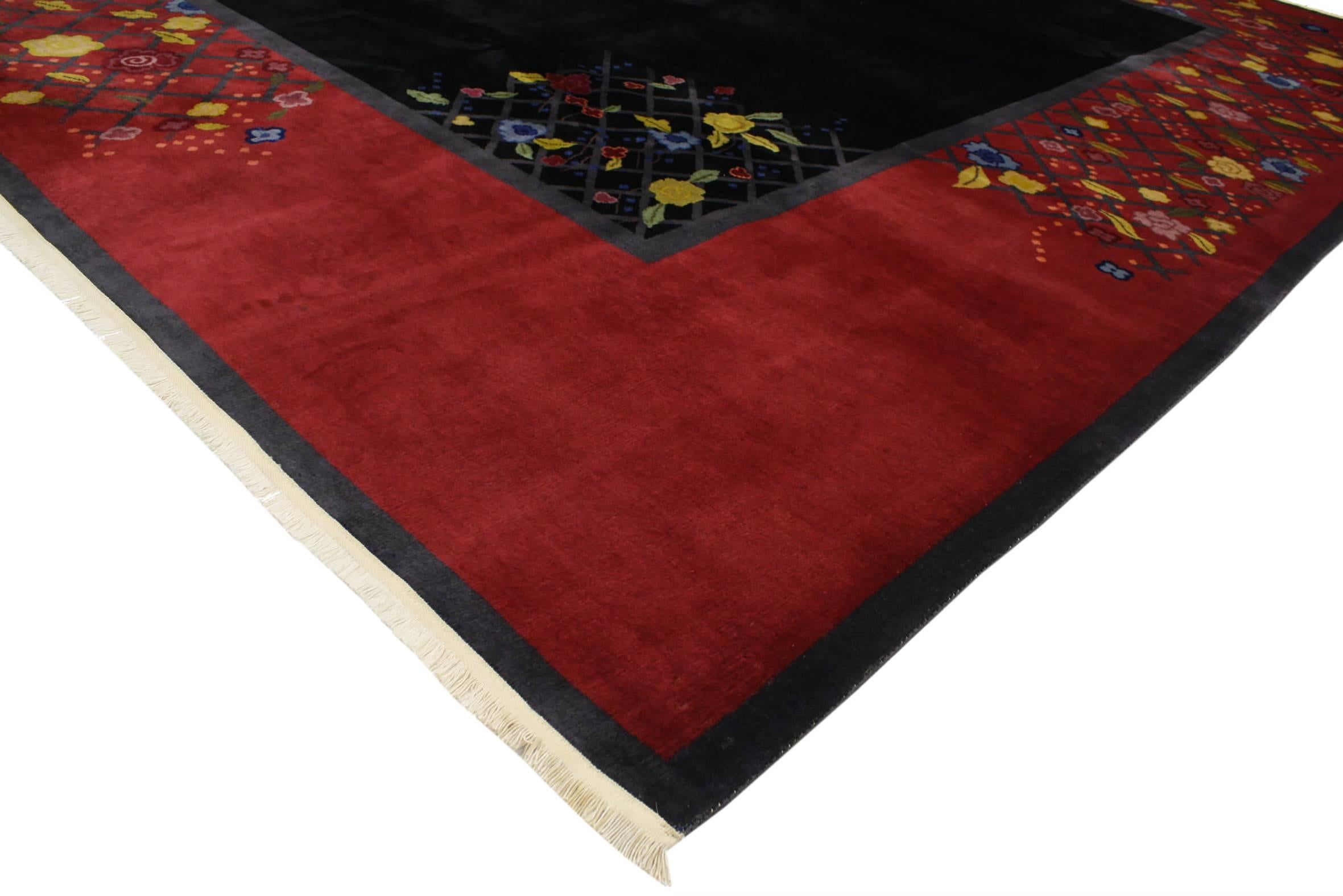 76906 Antique Chinese Art Deco Rug with Eclectic Jazz Age Style 08'09 x 11'03. ​​Energize your space with this 1920s Chinese Art Deco rug. A striking mix of vibrant jewel-tone colors and traditional Chinese flowers, this Art Deco rug is bold and
