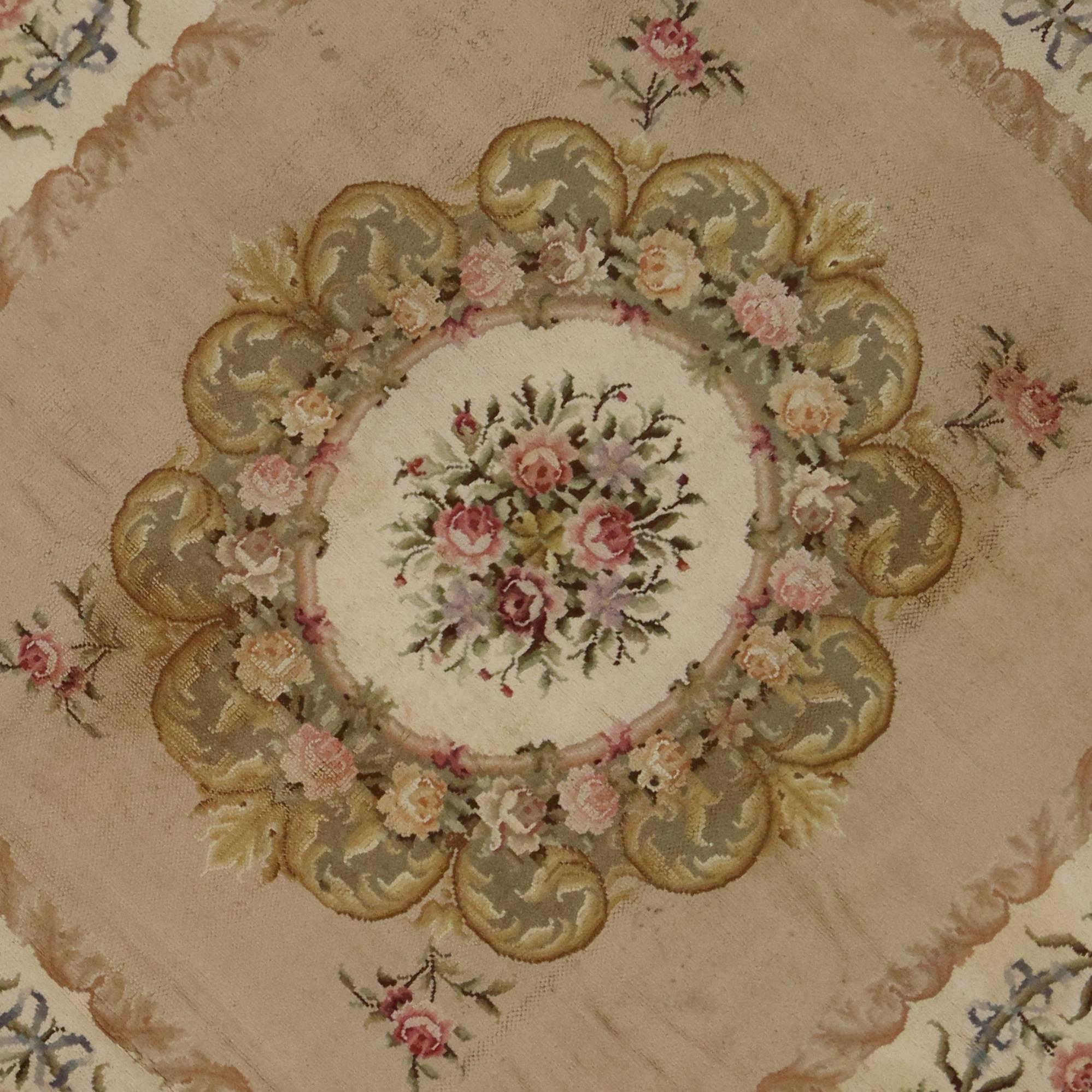 Aubusson Antique Spanish Savonnerie Square Rug with French Chintz Style For Sale