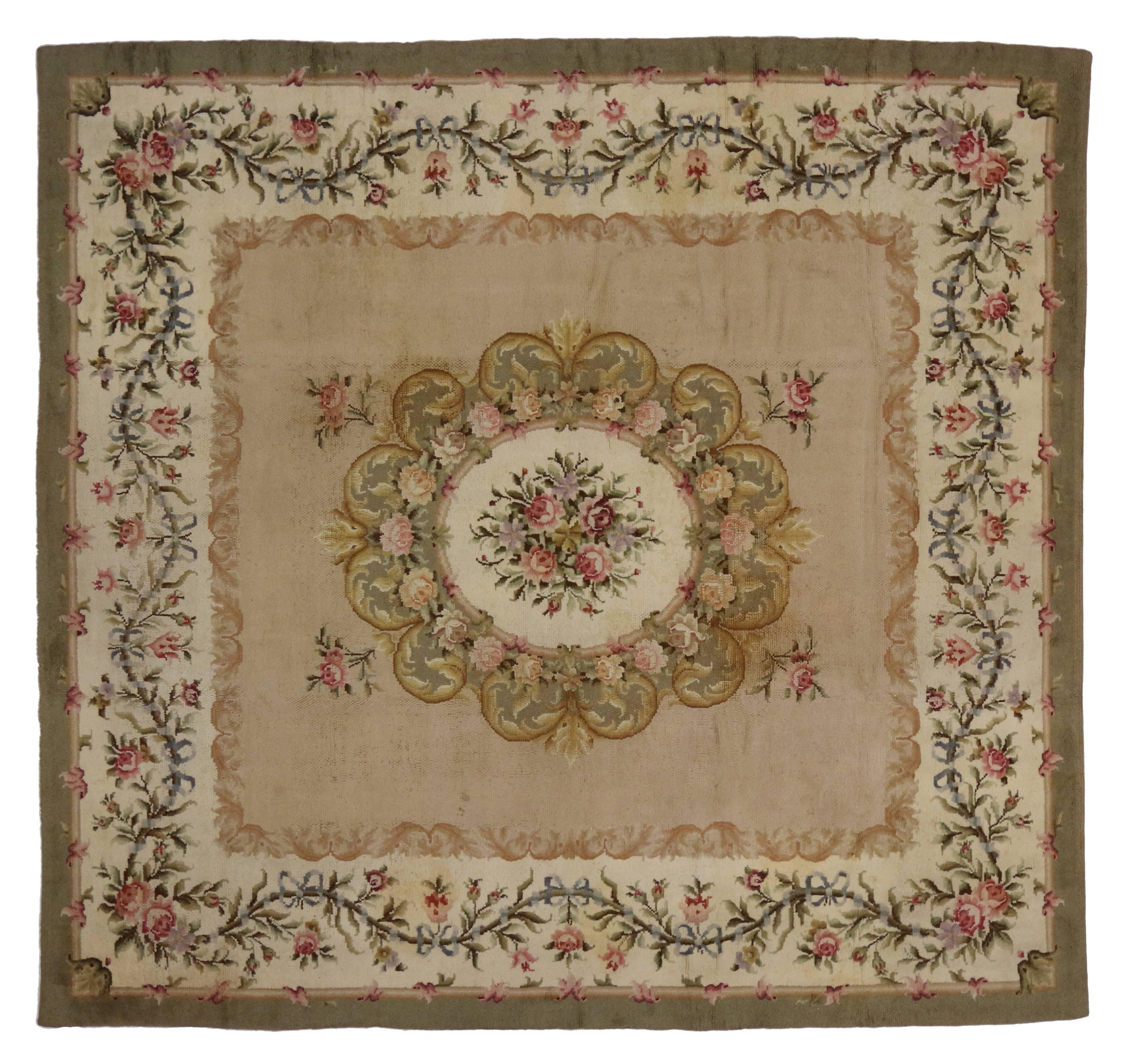 Hand-Knotted Antique Spanish Savonnerie Square Rug with French Chintz Style For Sale