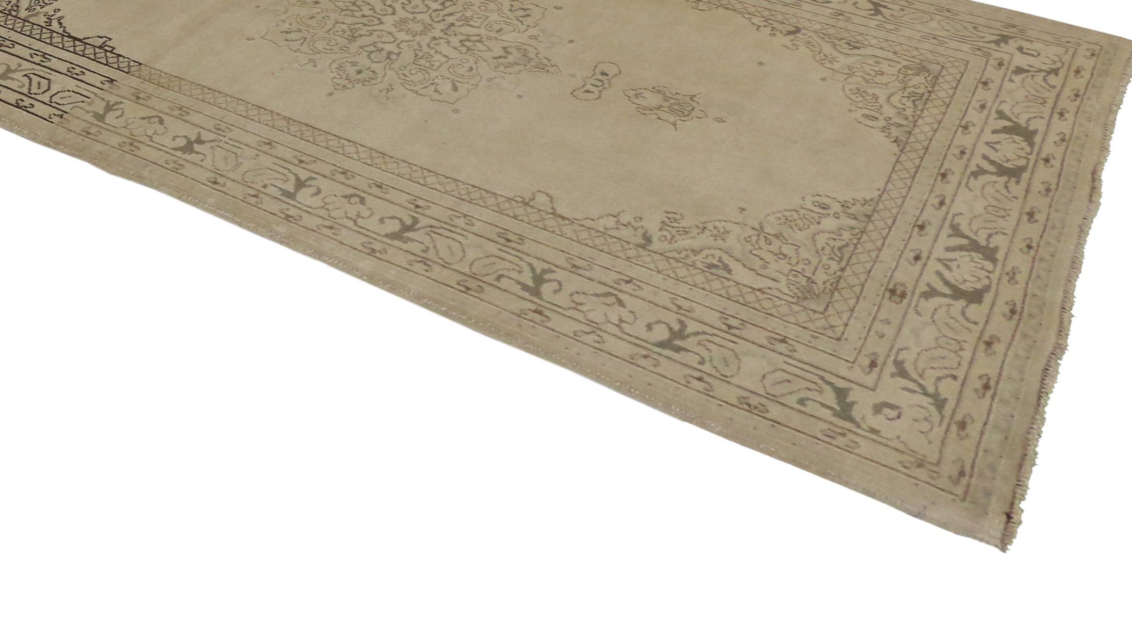 51041 Vintage Turkish Oushak Runner with Swedish Shabby Chic Cottage Style. This hand knotted wool vintage Turkish Oushak runner creates a stylish runway for nearly any tastefully appointed interior. It features three open eight-point floral