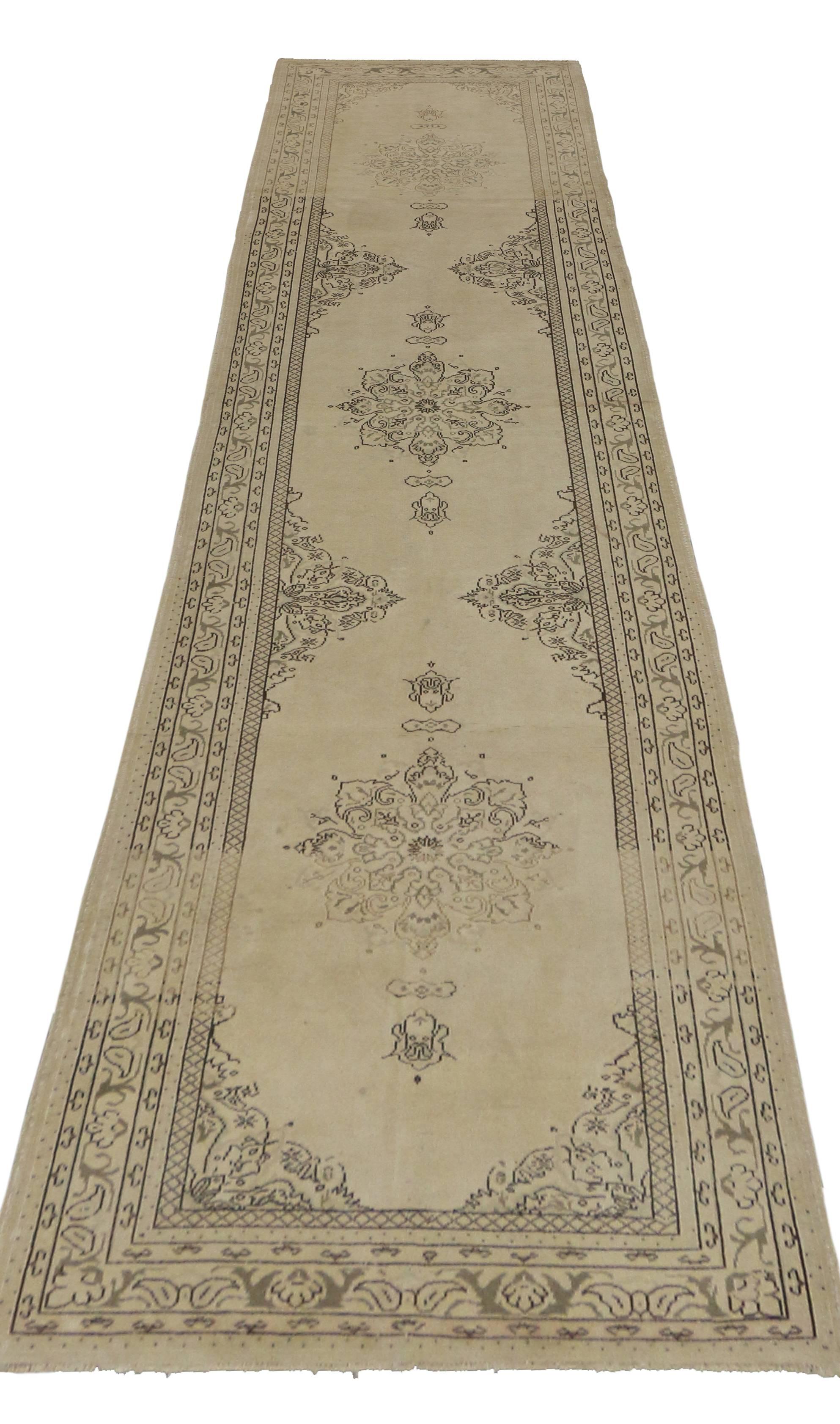 Hand-Knotted Vintage Turkish Oushak Runner with Swedish Shabby Chic Cottage Style For Sale
