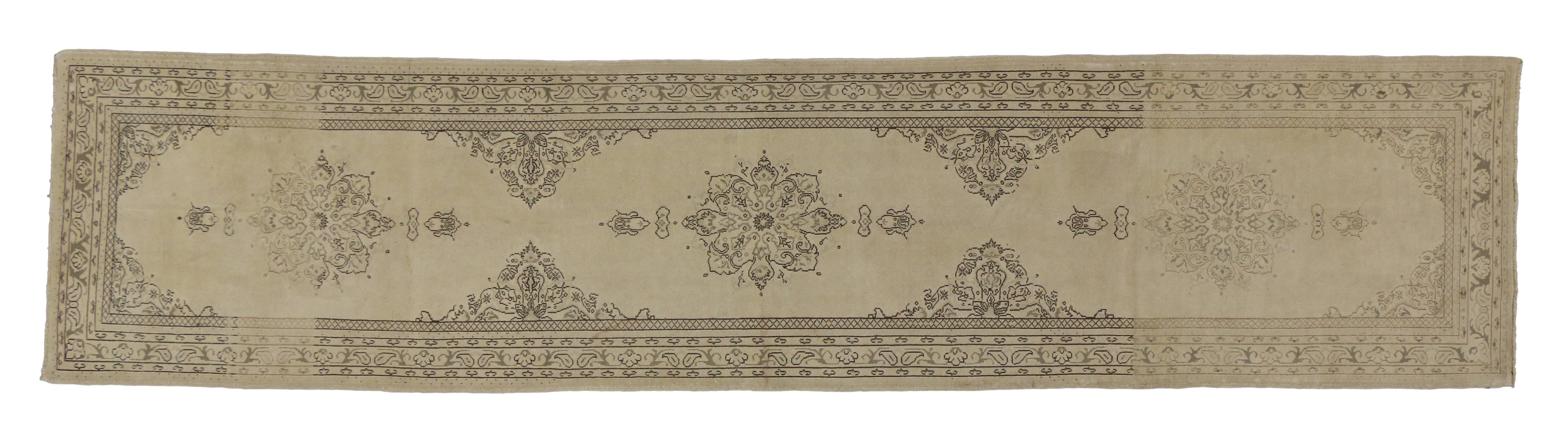 20th Century Vintage Turkish Oushak Runner with Swedish Shabby Chic Cottage Style For Sale