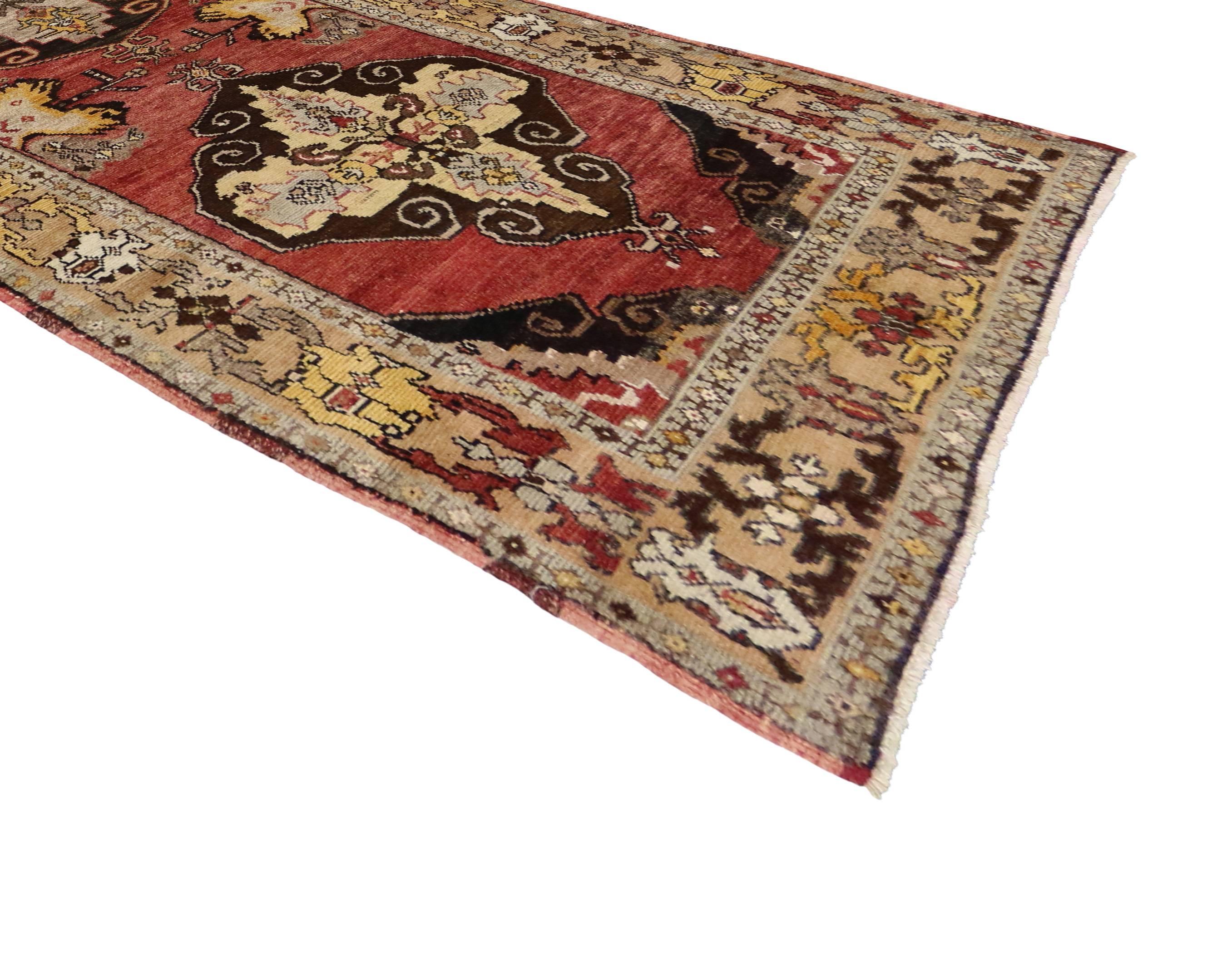 50167 Vintage Turkish Oushak Runner with Mid-Century Modern Style 04'00 x 11'06. Warm and inviting, this hand-knotted wool vintage Turkish Oushak runner embodies Mid-Century Modern style. The abrashed brick red field features three amulet-style
