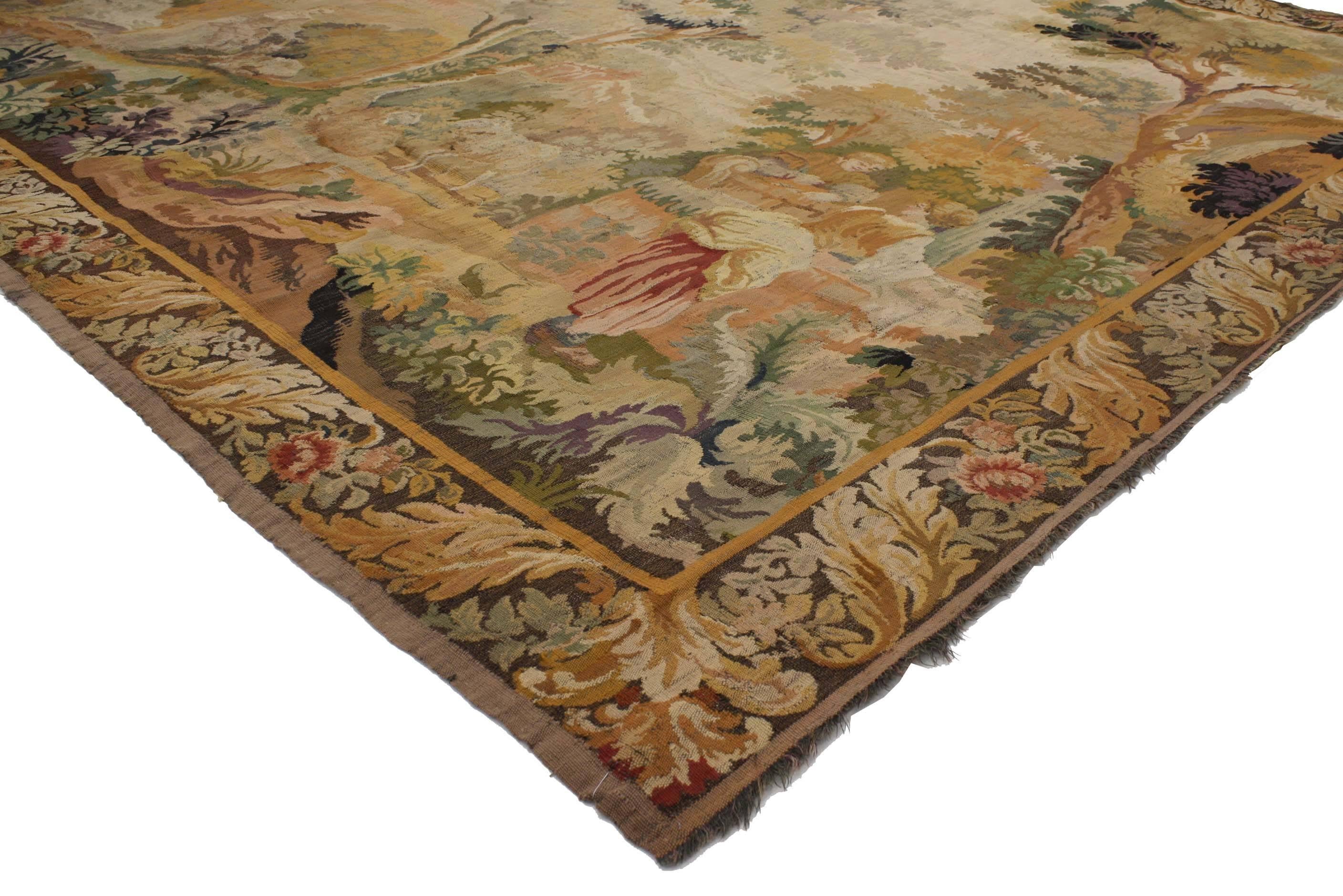 76930 Late 19th Century Antique French Rococo Noble Pastoral Style Tapestry Inspired by Francois Boucher, Landscape Scene Verdure Wall Hanging. Drawing inspiration from Louis XV style and Francois Boucher Noble Pastorale Series, this handwoven wool