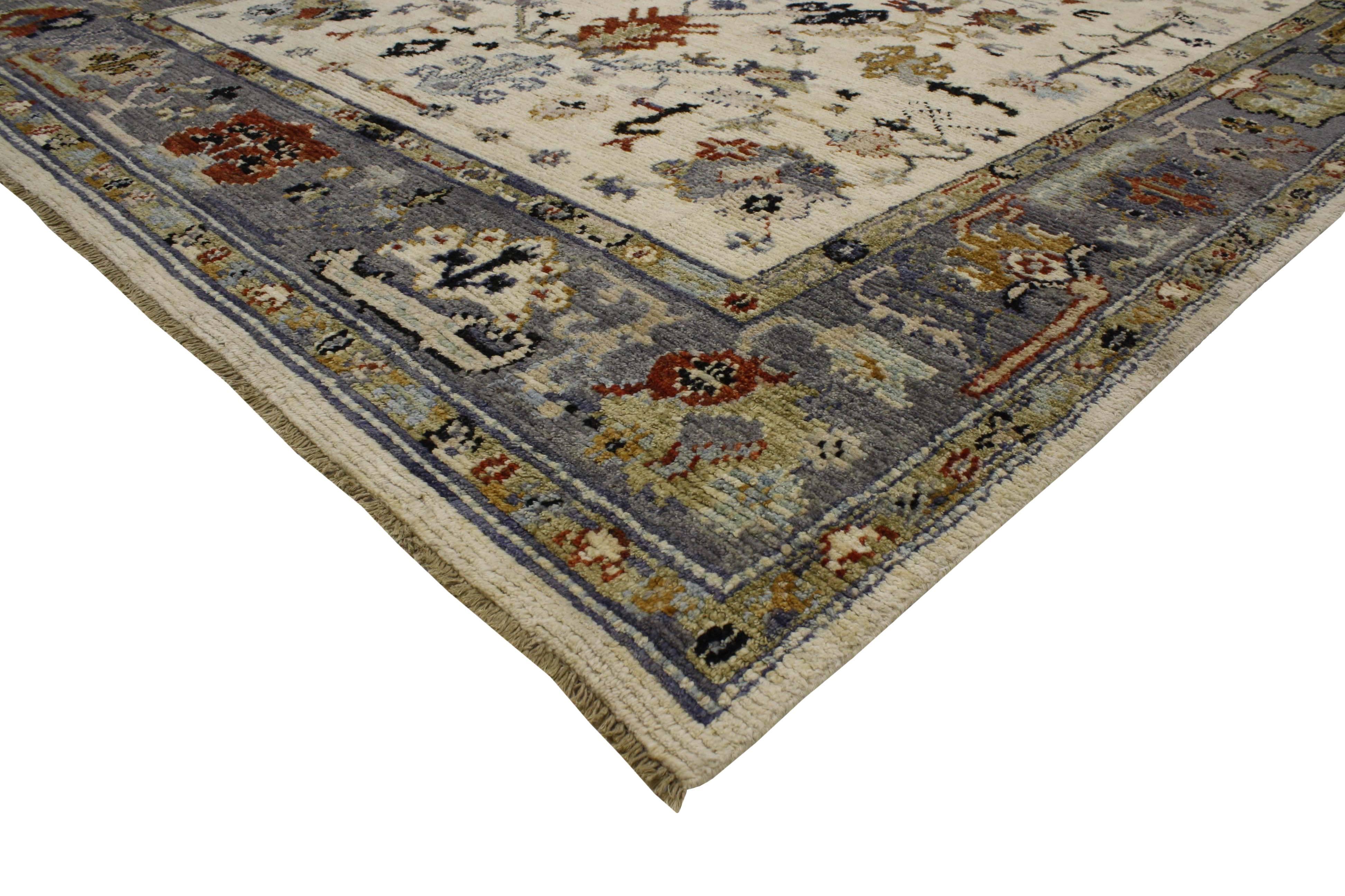 80391 New Contemporary Oushak Area Rug with Transitional Style. Providing elements of wanderlust and functional versatility, this modern Oushak style rug features a cream field with a slate blue border. Classically composed and boasting a truly