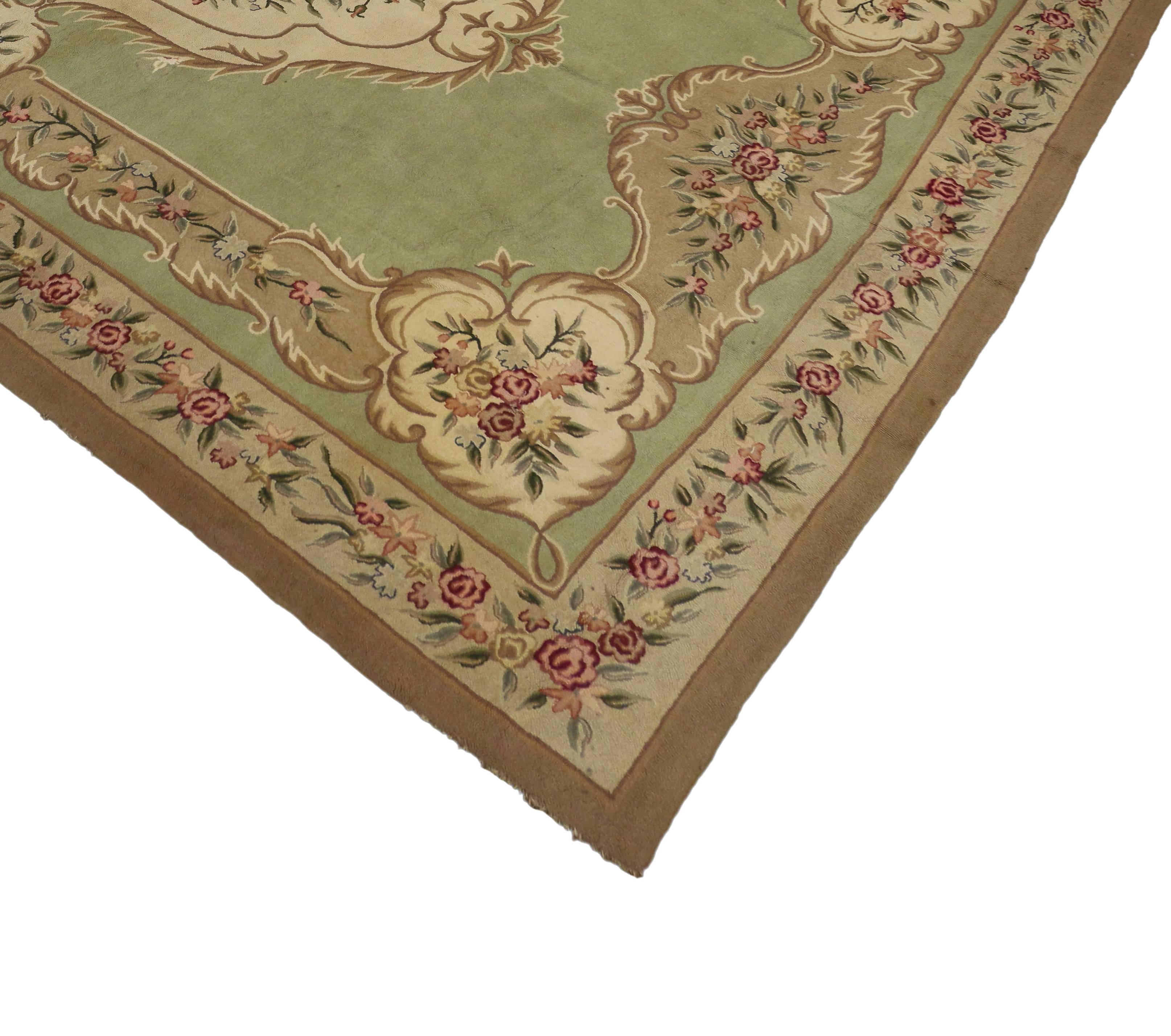 70860 Antique French Aubusson Chinese Hooked Palace Size Rug with Chintz Style 11'06 x 17'08. Drawing inspiration from Mario Buatta, Chintz style and design elements from the 18th century in France, this antique Chinese Aubusson style hooked rug