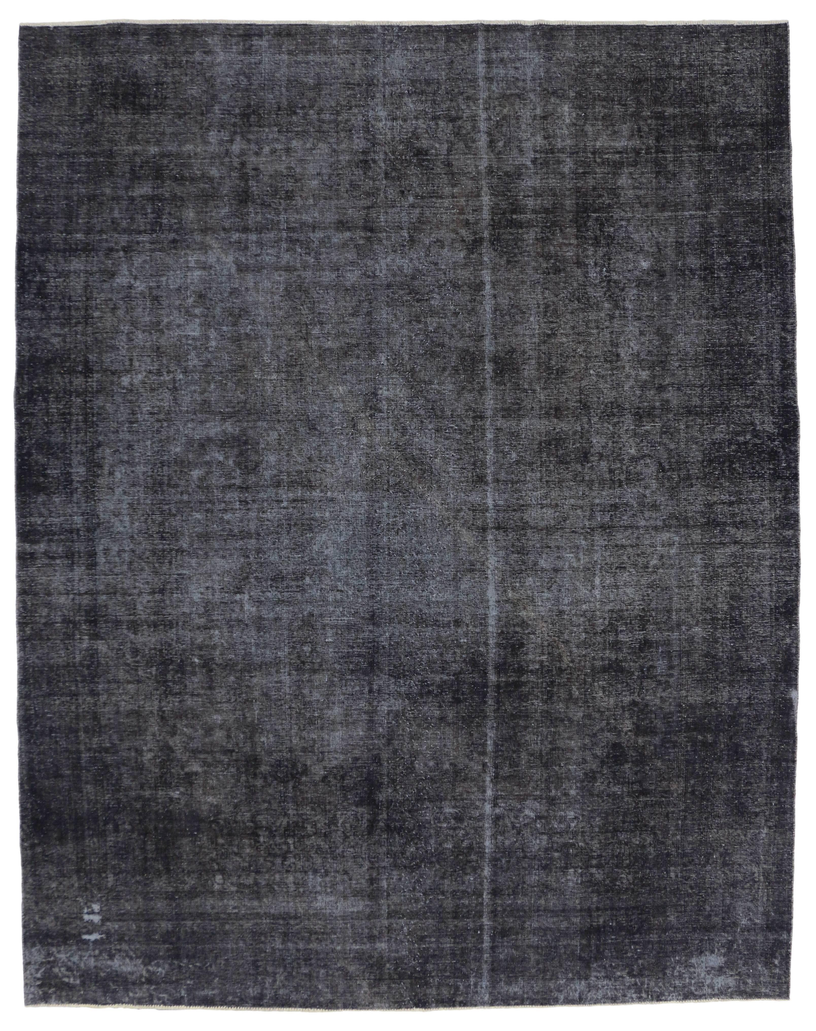 Distressed Antique Persian Charcoal Overdyed Rug with Modern Industrial Style 1