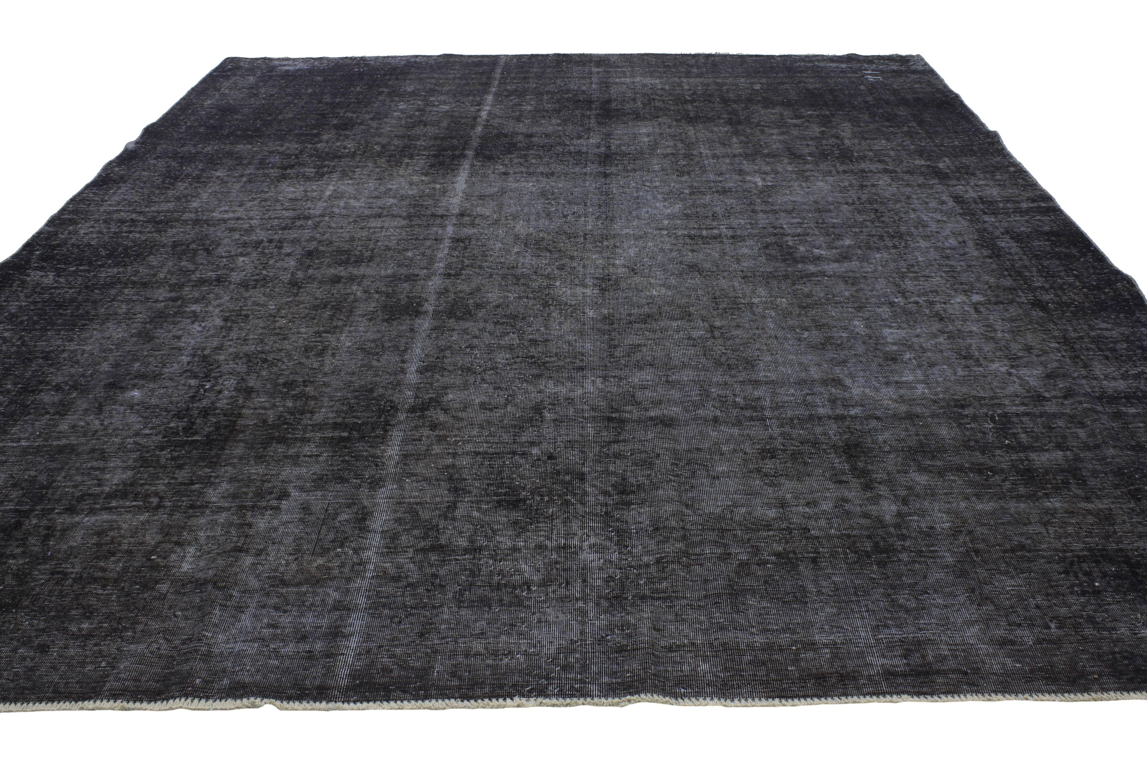Hand-Knotted Distressed Antique Persian Charcoal Overdyed Rug with Modern Industrial Style