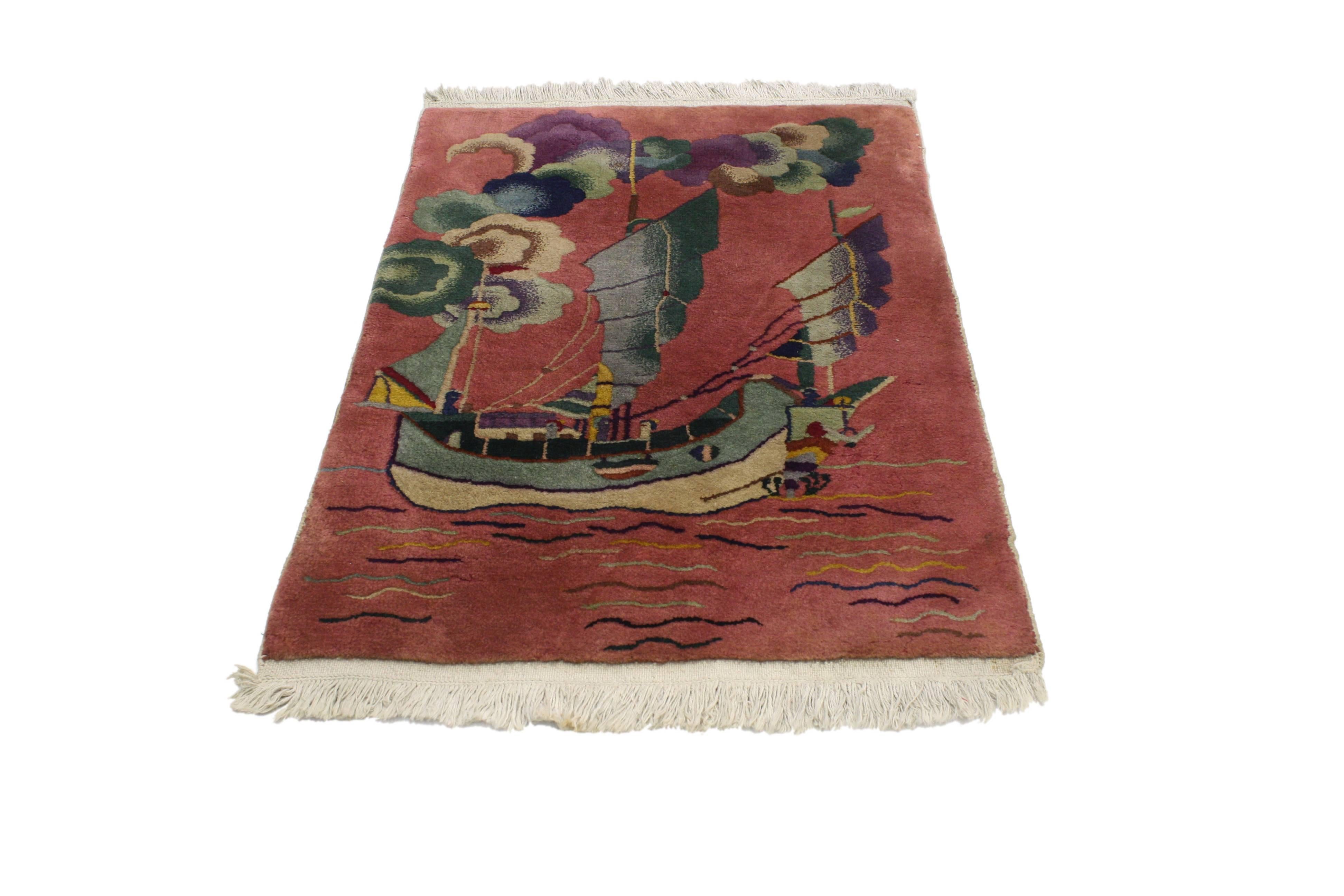 Hand-Knotted Antique Chinese Art Deco Rug with Sailing Ship, Maximalism Asian Modern Tapestry