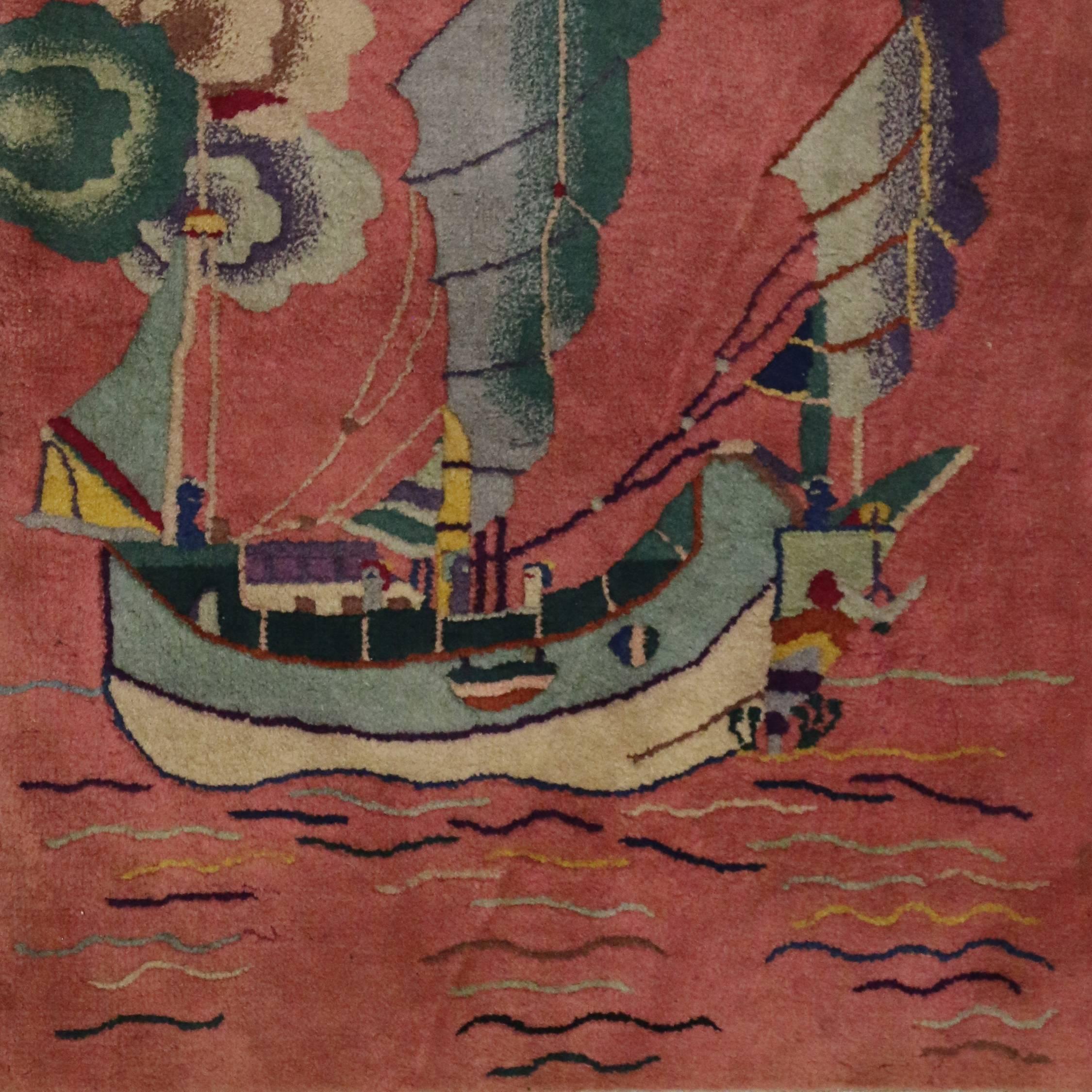 Antique Chinese Art Deco Rug with Sailing Ship, Maximalism Asian Modern Tapestry In Excellent Condition In Dallas, TX