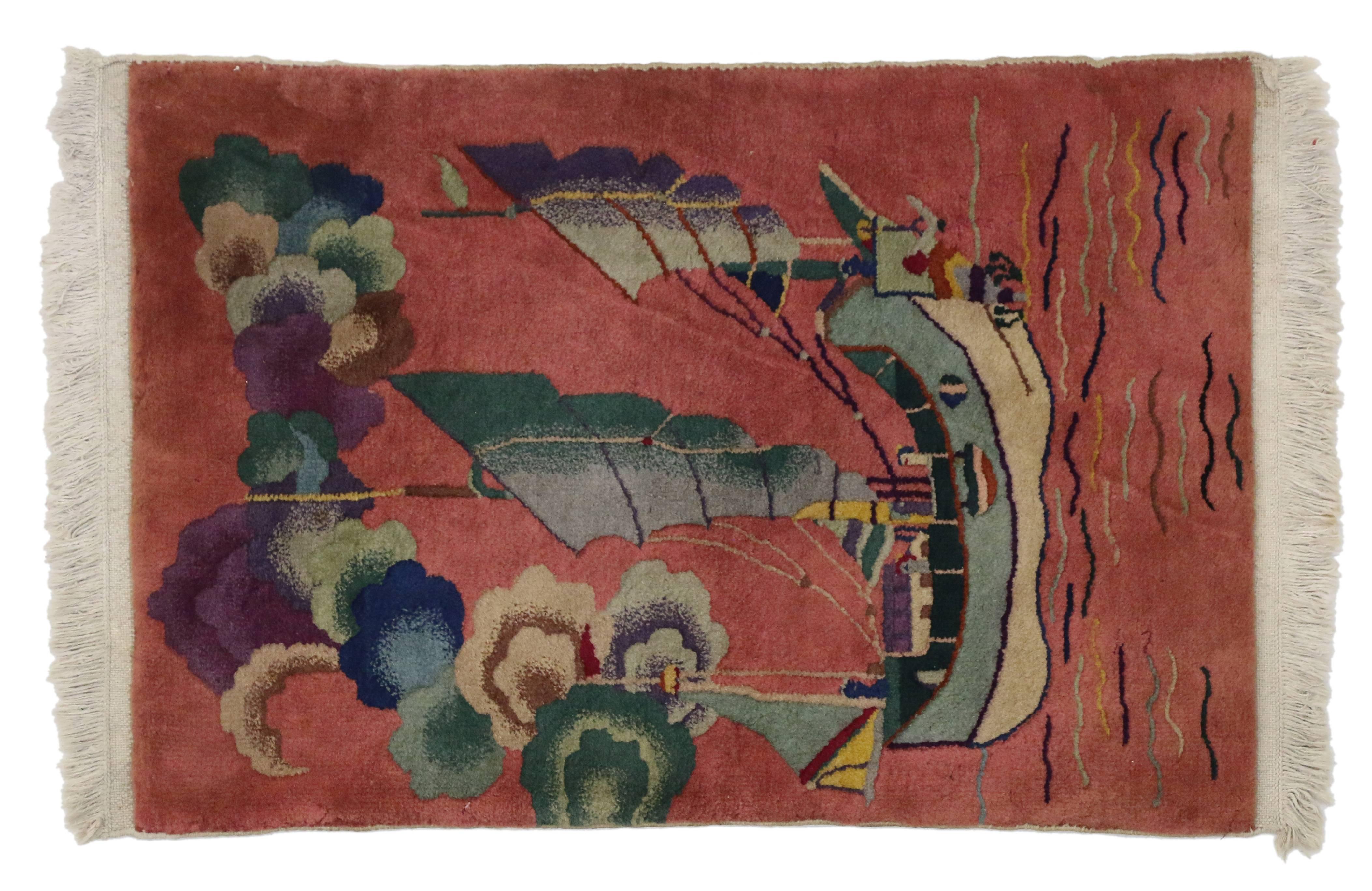 Antique Chinese Art Deco Rug with Sailing Ship, Maximalism Asian Modern Tapestry 2