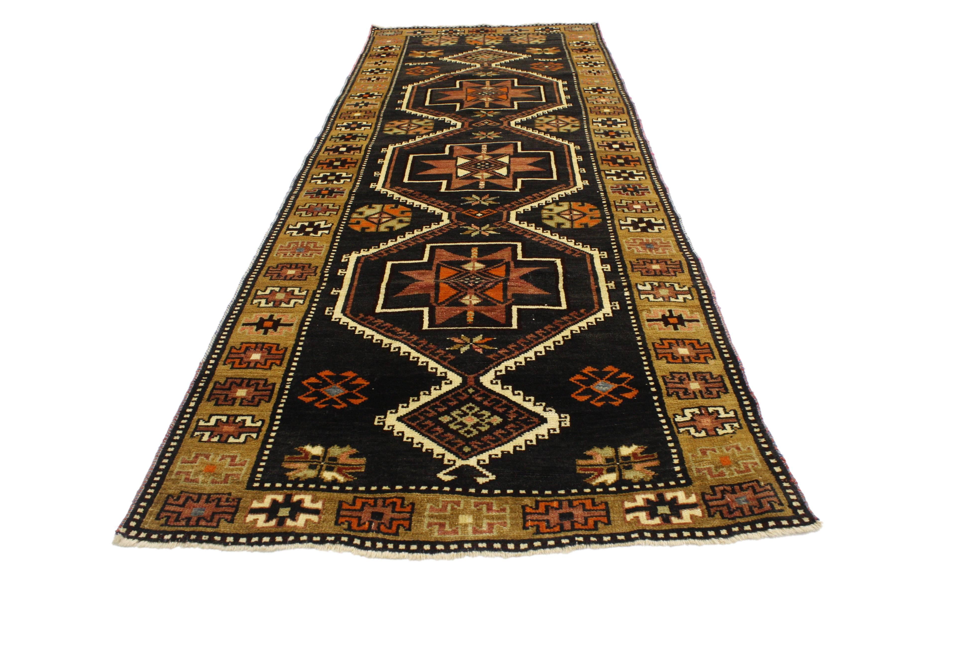 20th Century Vintage Turkish Oushak Runner with Mid-Century Modern Style For Sale