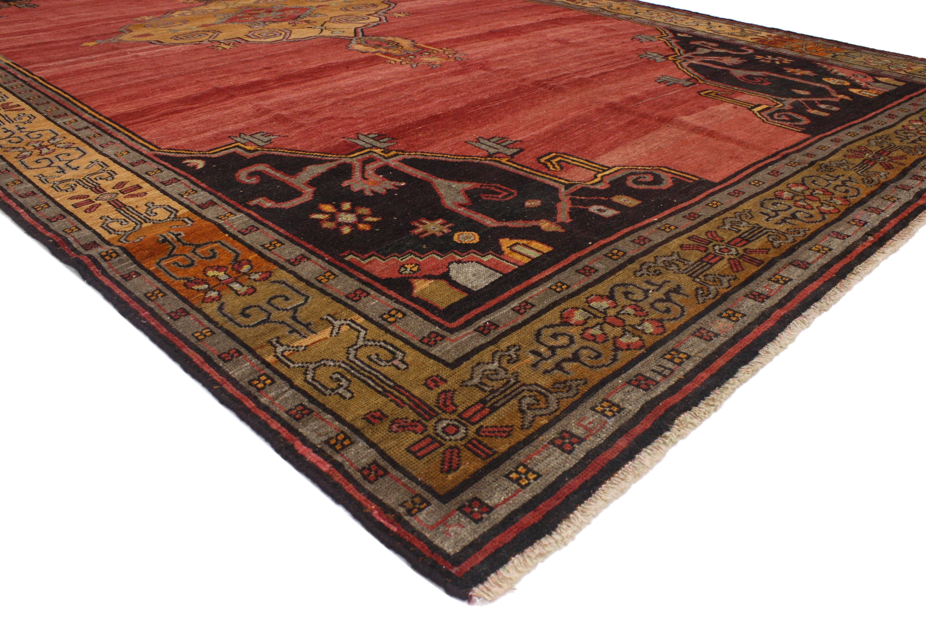 52117 Vintage Turkish Red Oushak Rug with Italian Jacobean Style 08'03 x 12'02. With its striking appeal and saturated color palette, this hand-knotted wool vintage Turkish Oushak rug appears like a sumptuous Italian velvet, recalling the rich and