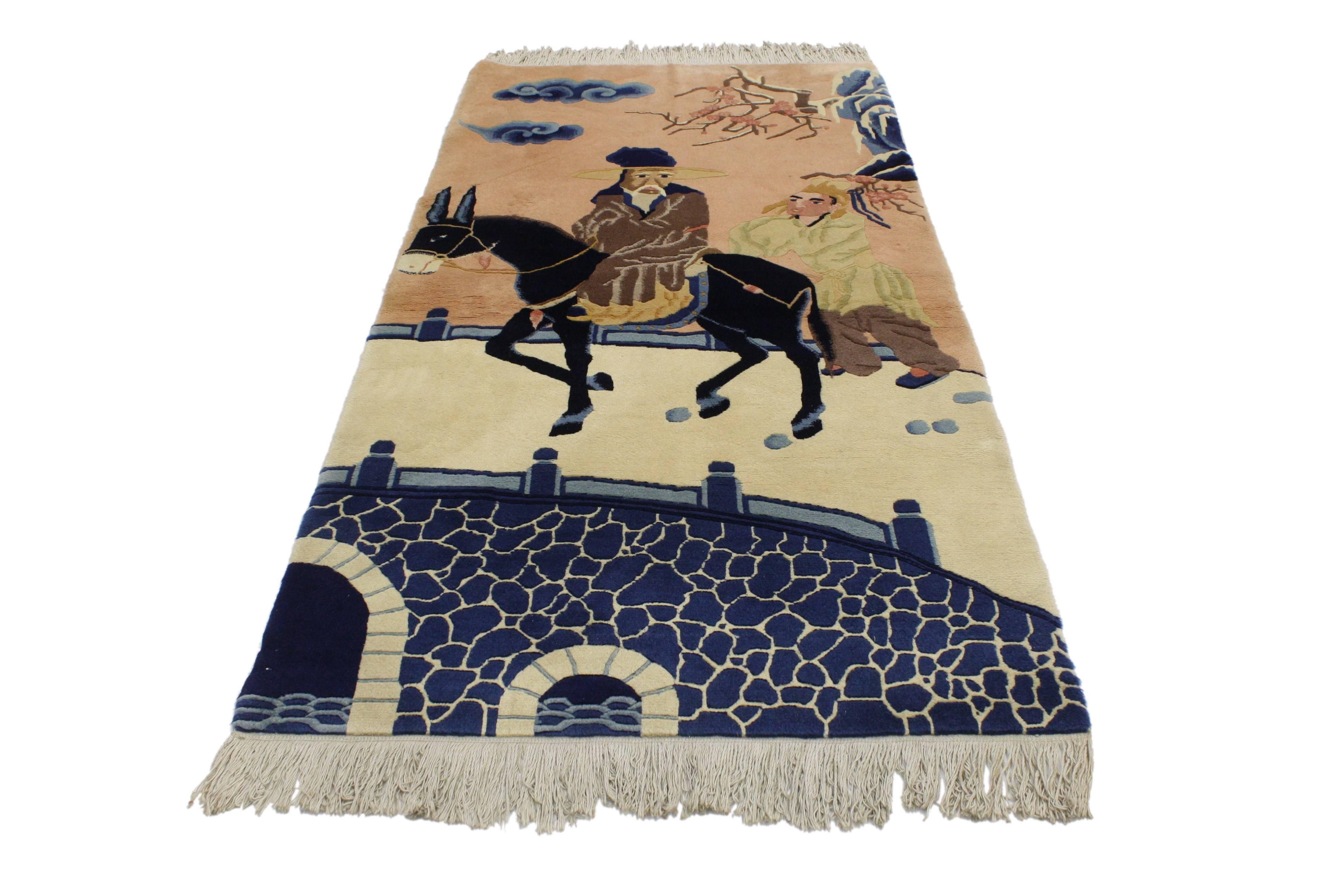 Antique Chinese Art Deco Peking Rug with Horse, Maximalism Asian Modern Tapestry In Good Condition In Dallas, TX