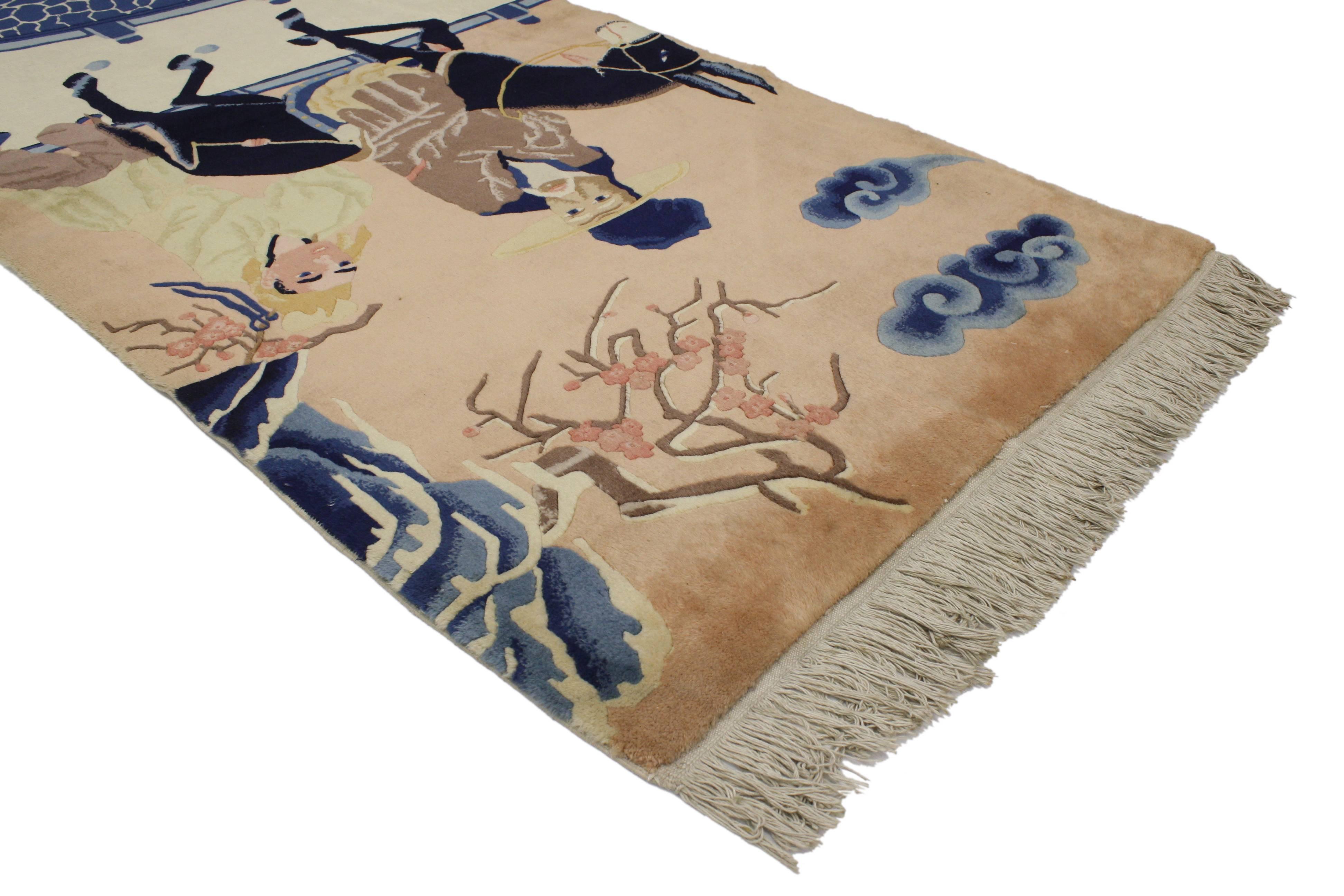 76960 Antique Chinese Art Deco Rug with Horse - Chinese Peking Pictorial Rug, Tapestry or Wall Hanging 02’07 x 04’11. Revitalize your space with this 1920s Chinese Art Deco displaying a Pictorial Directional view. A striking mix of blue and pink