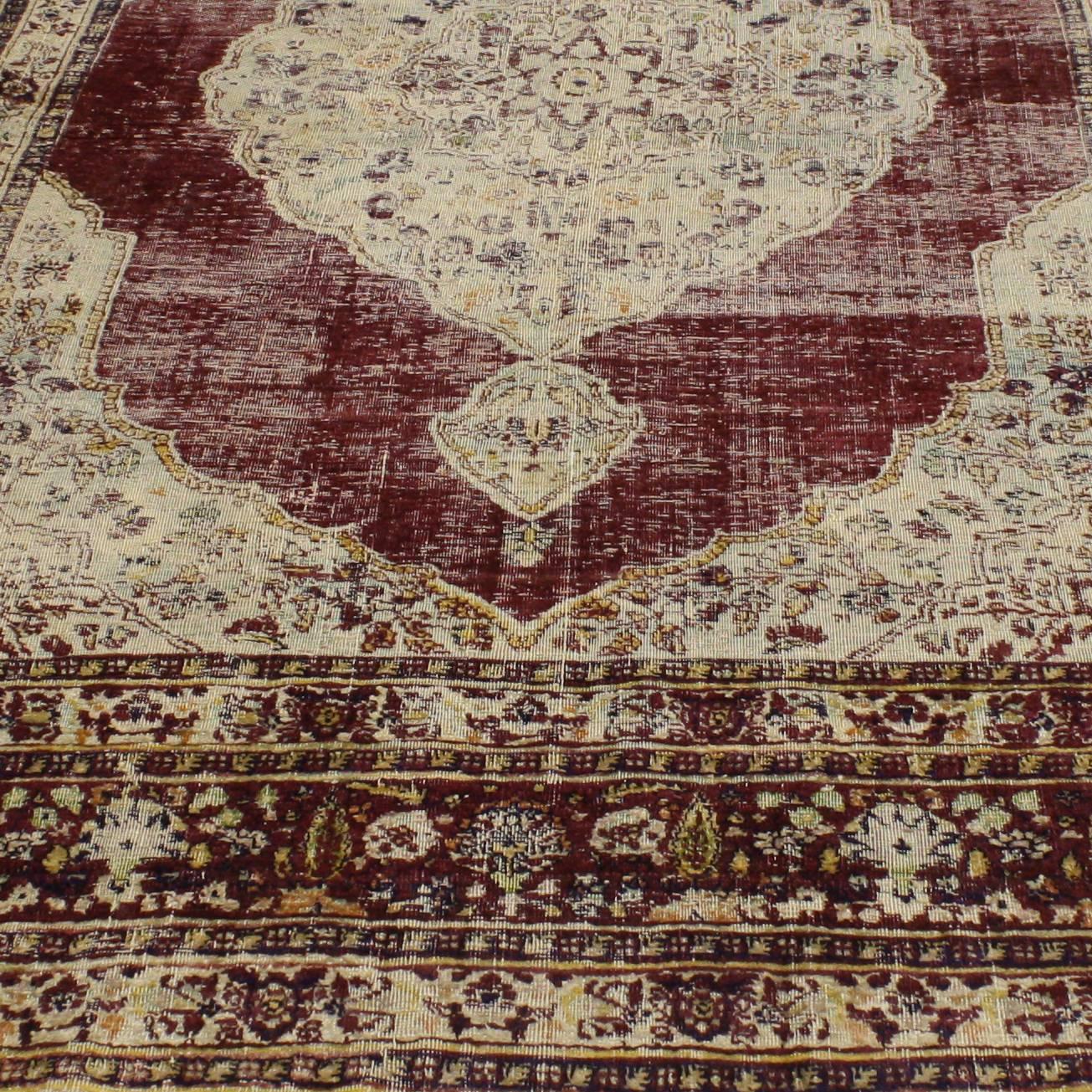 Hand-Knotted Distressed Vintage Persian Silk Tabriz Rug with Modern Industrial Style For Sale