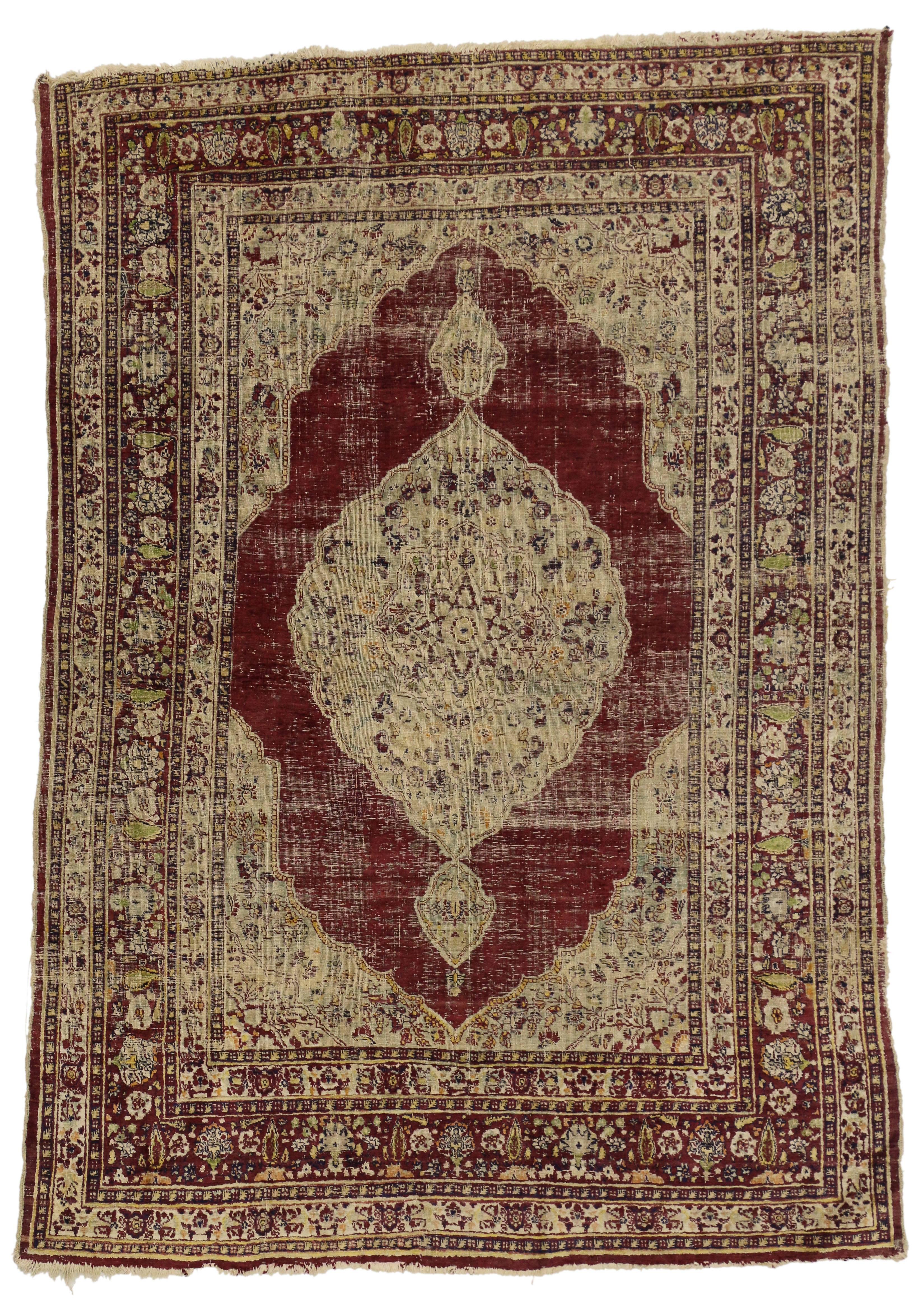 20th Century Distressed Vintage Persian Silk Tabriz Rug with Modern Industrial Style For Sale
