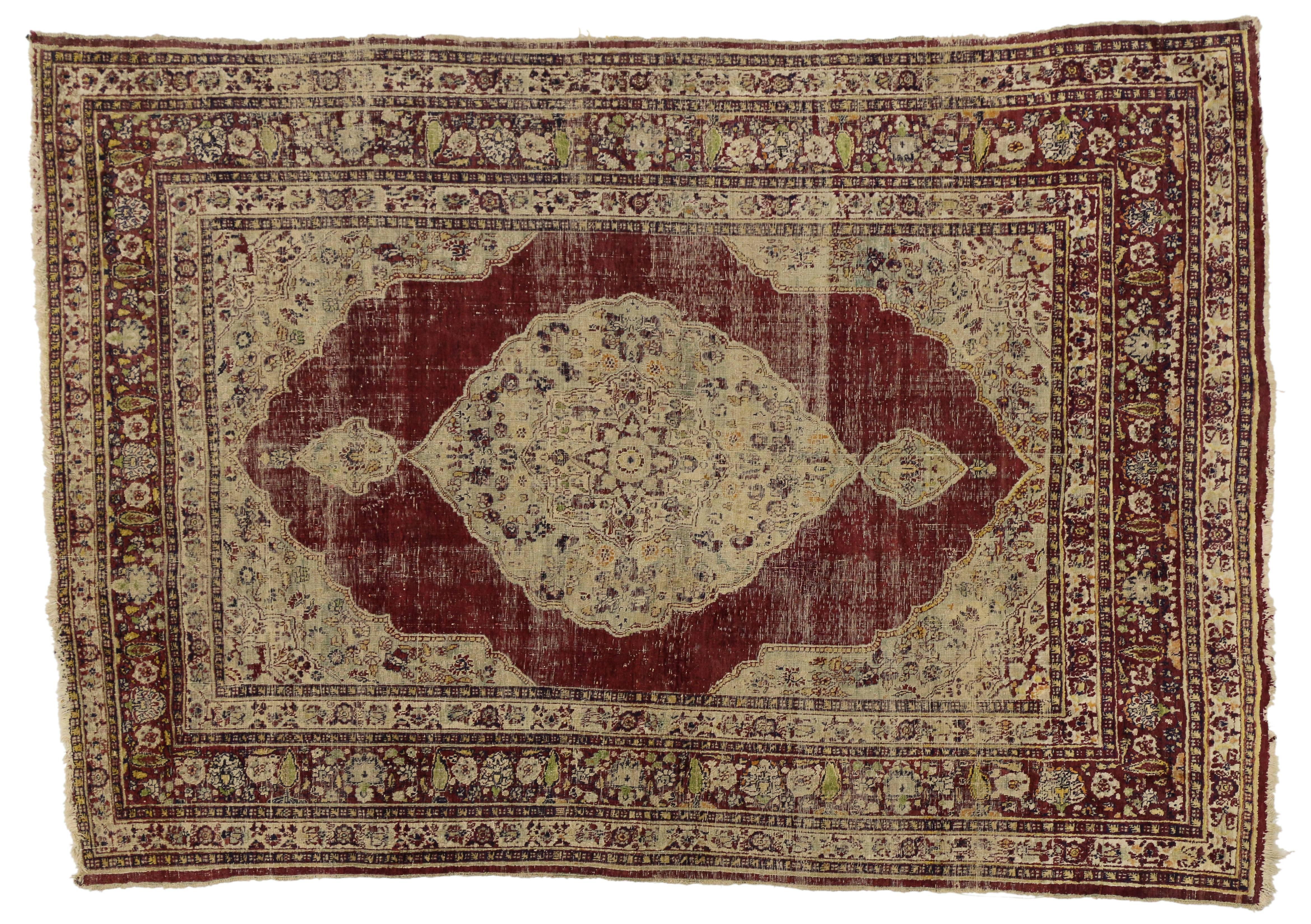 Wool Distressed Vintage Persian Silk Tabriz Rug with Modern Industrial Style For Sale