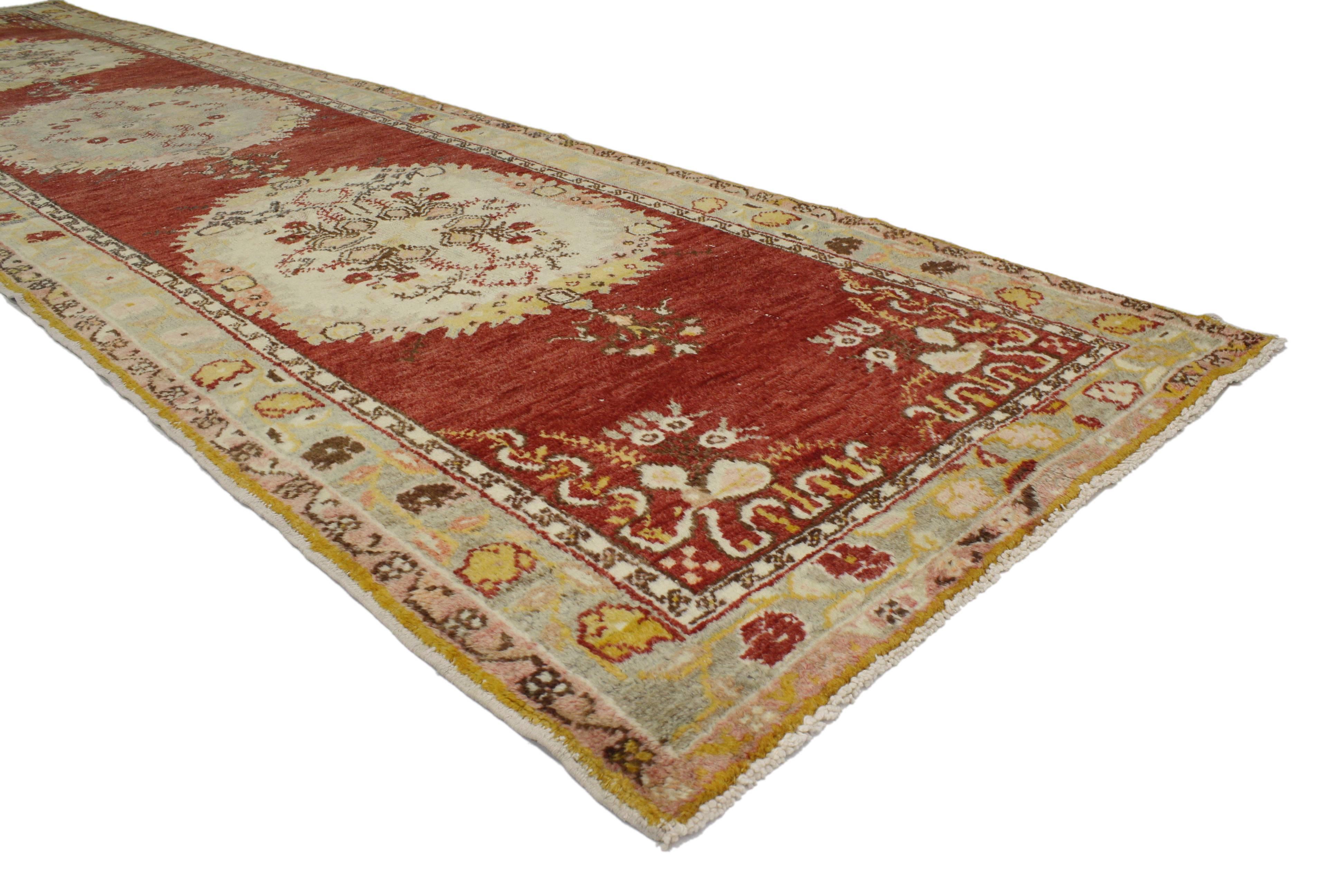 Hand-Knotted Distressed Vintage Turkish Oushak Hallway Rug For Sale