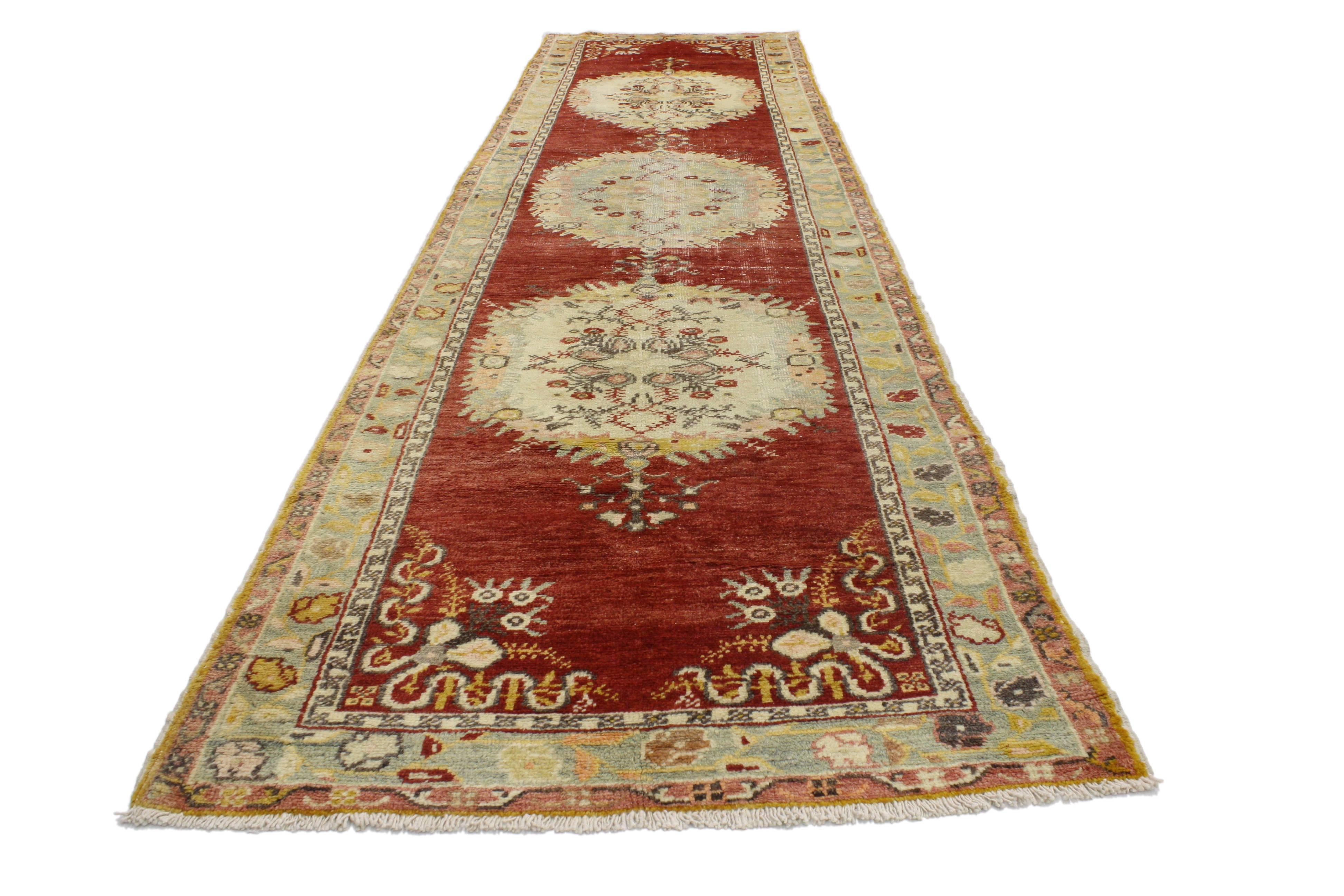 20th Century Distressed Vintage Turkish Oushak Hallway Rug For Sale