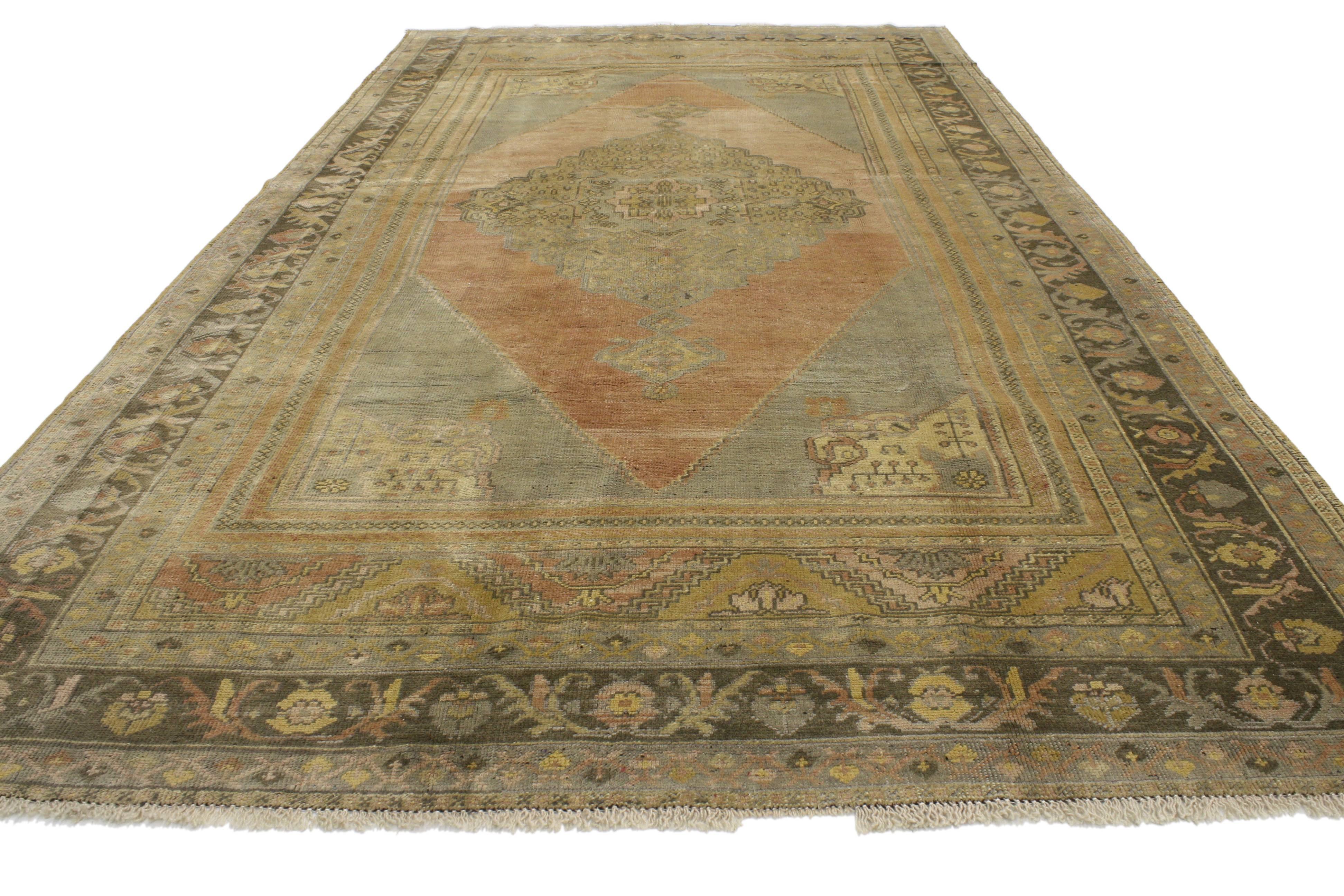 Hand-Knotted Vintage Turkish Oushak Carpet Gallery Rug, Wide Oushak Runner with Muted Colors