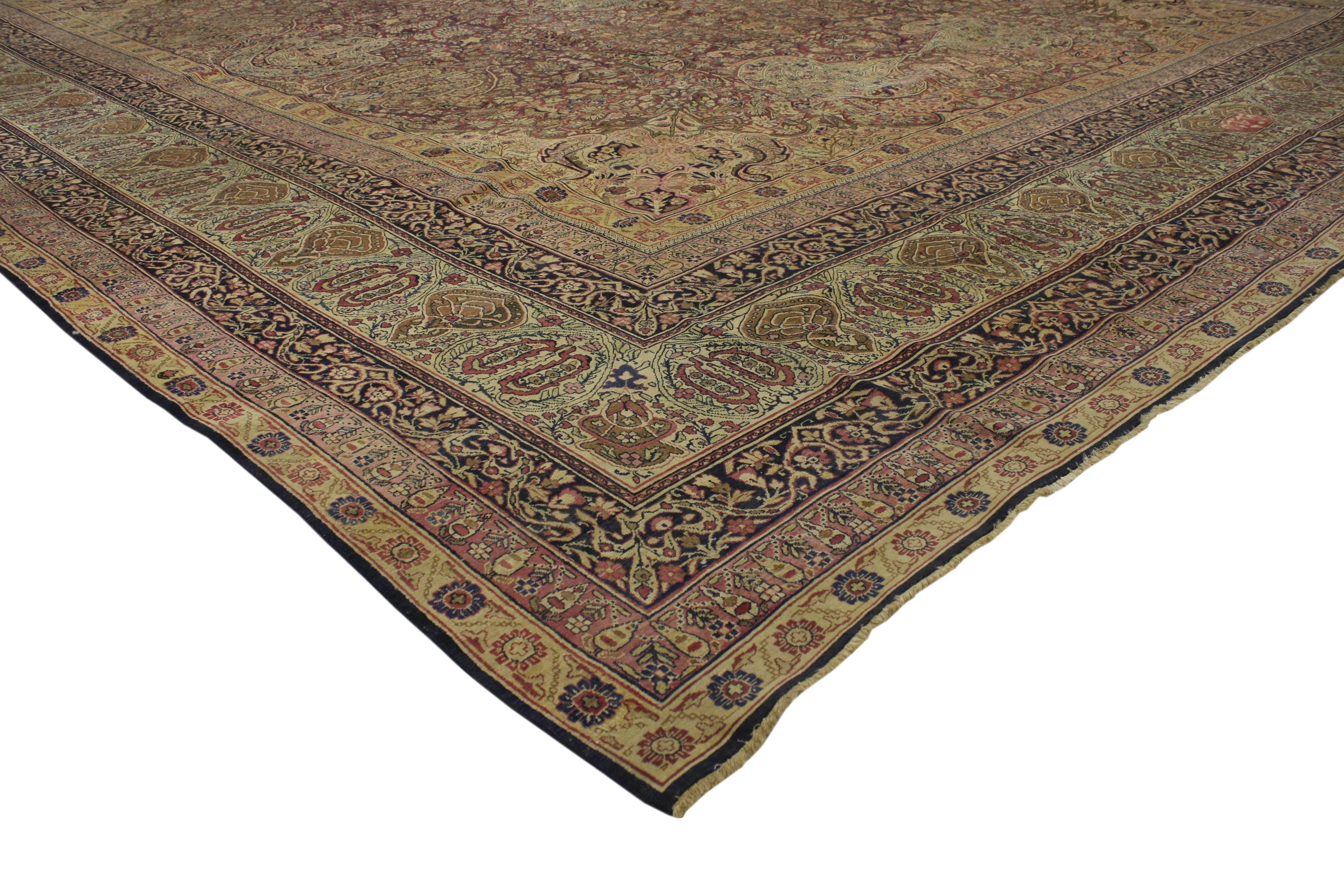 74990 Late 19th Century Antique Persian Kermanshah Rug with Traditional Style 16'00 x 18'03. A beautifully detailed antique Persian Kermanshah boasts an intricate small center medallion and elegant spandrels with an impressive all-over pattern,