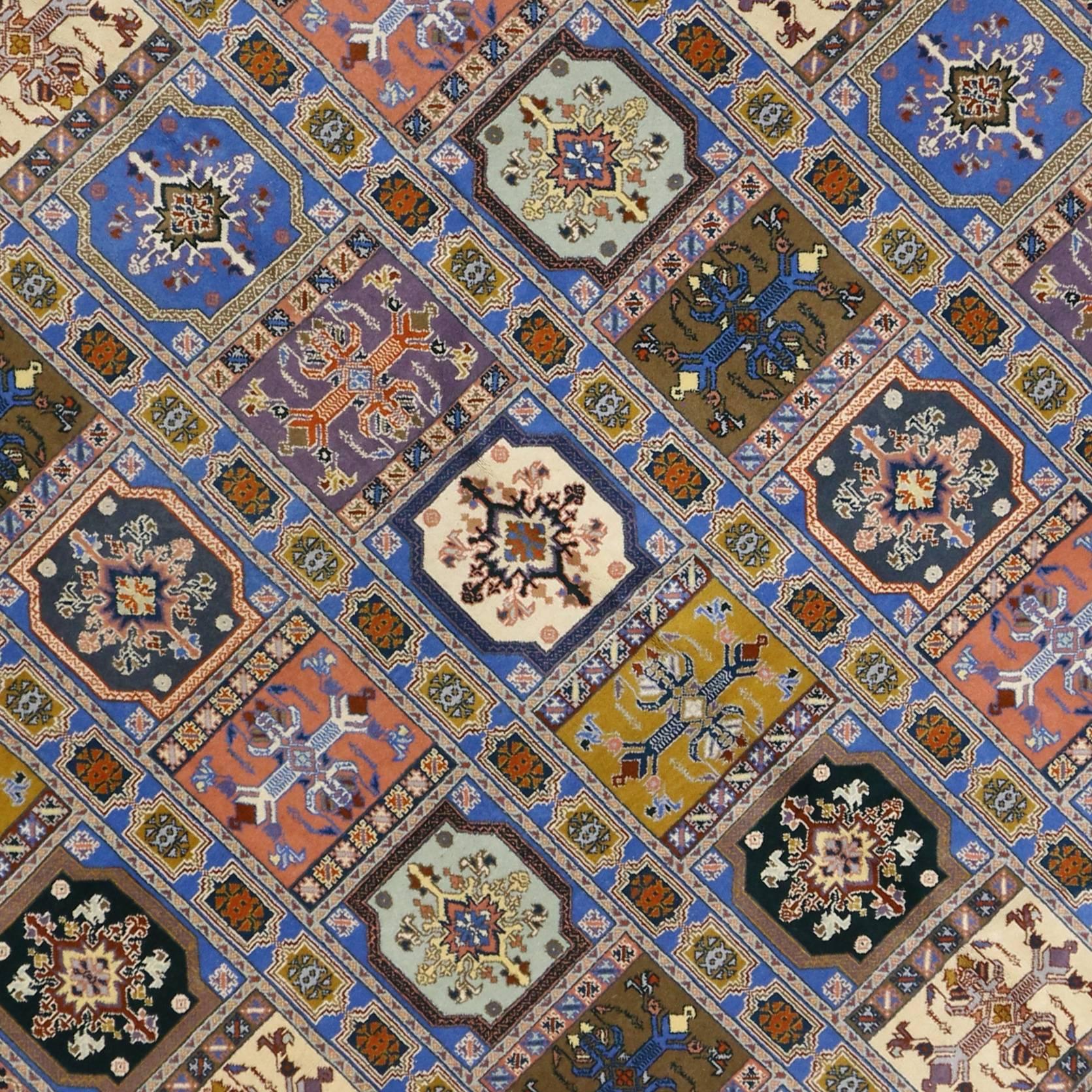 76491 Vintage Rabat Moroccan Rug with Transylvanian Anatolian Compartment Design. This hand-knotted wool vintage Rabat Moroccan rug beautifully highlights an Anatolian compartment of the past. Brilliant color and tribal allure collide in this Rabat