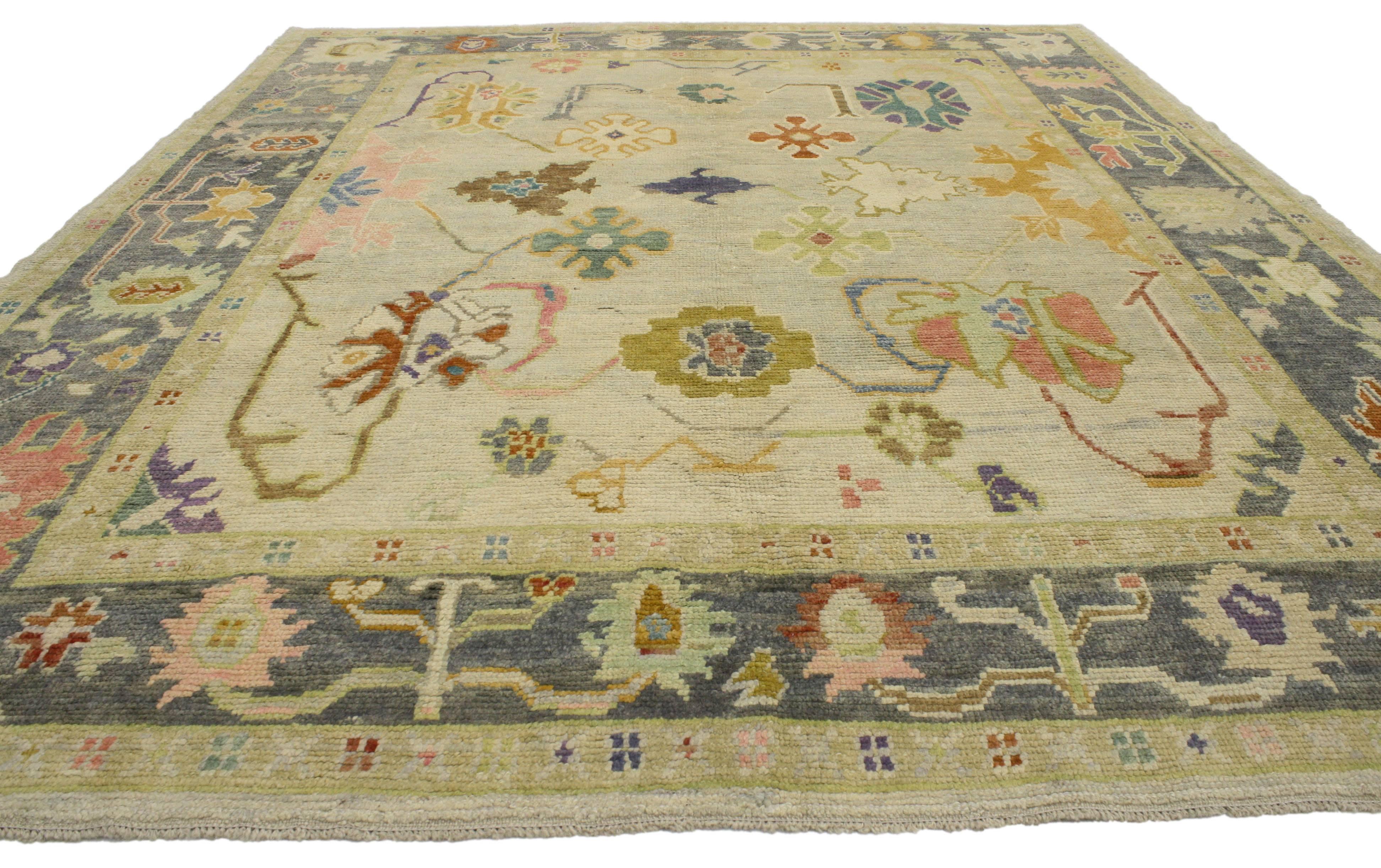 Hand-Knotted Contemporary Turkish Oushak Rug in Pastel Colors with Tribal Boho Chic Style