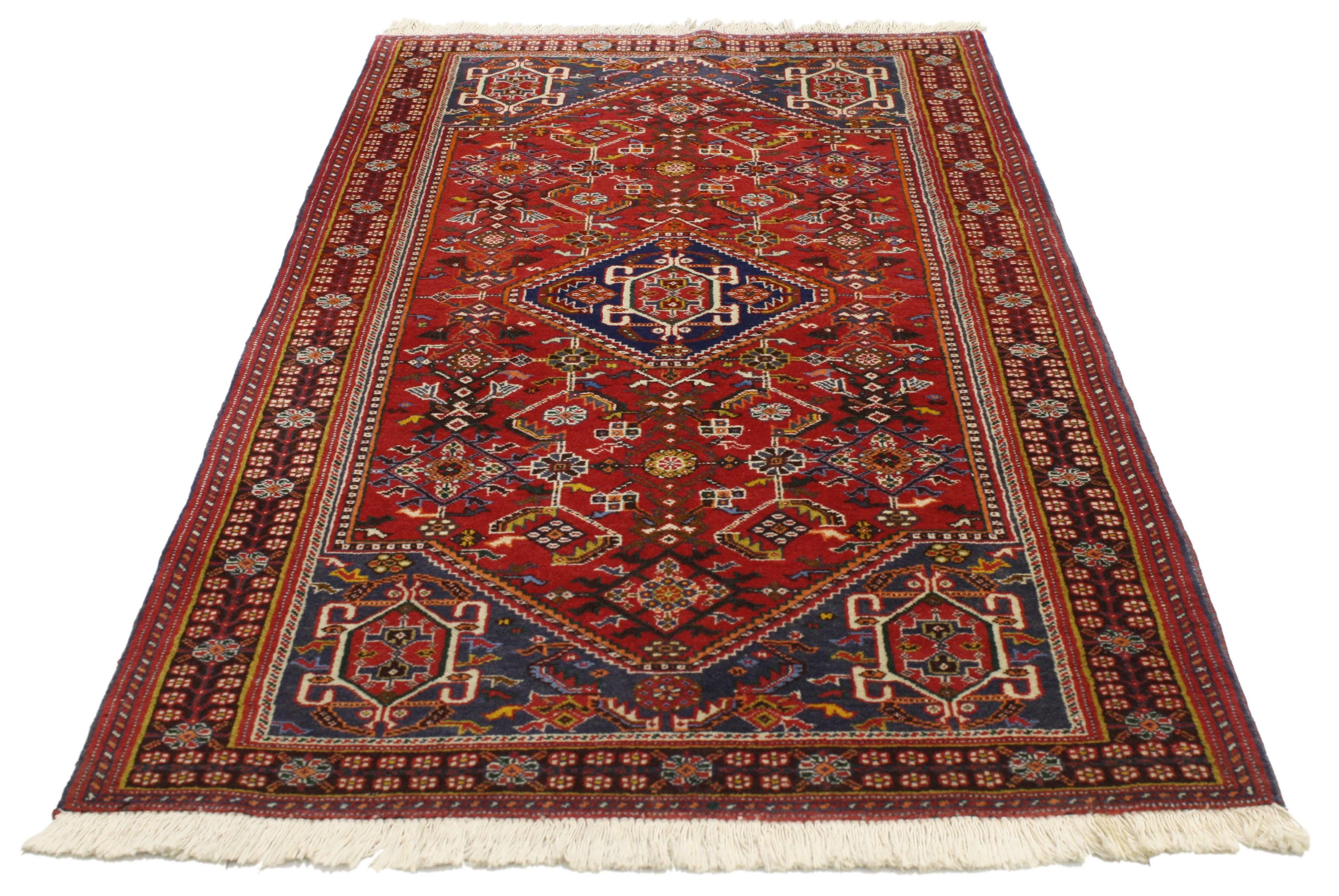 76996 vintage Persian Gashgai rug with tribal style Kashgai Qashqai tribal rug. Full of character of stately presence, this vintage Persian Gashgai rug with modern tribal style is exquisitely detailed. Featuring a blue center medallion and