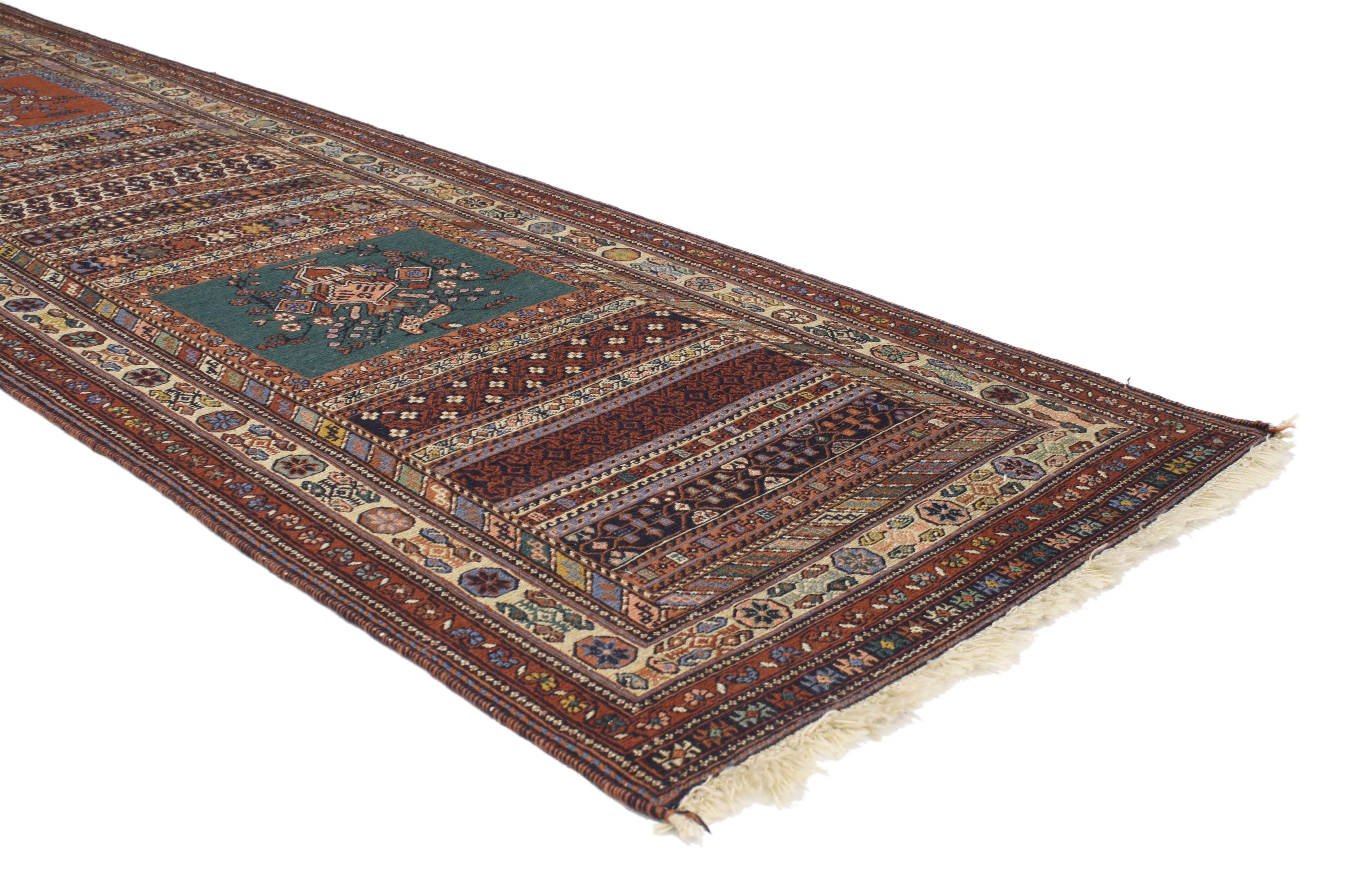 77003 Vintage Turkish Kilim Runner with Tribal Style, Flat-Weave Hallway Runner 02'06 x 08'03. With its warm hues and rugged beauty, this hand-woven wool vintage Turkish kilim runner manages to meld contemporary, modern, and traditional design