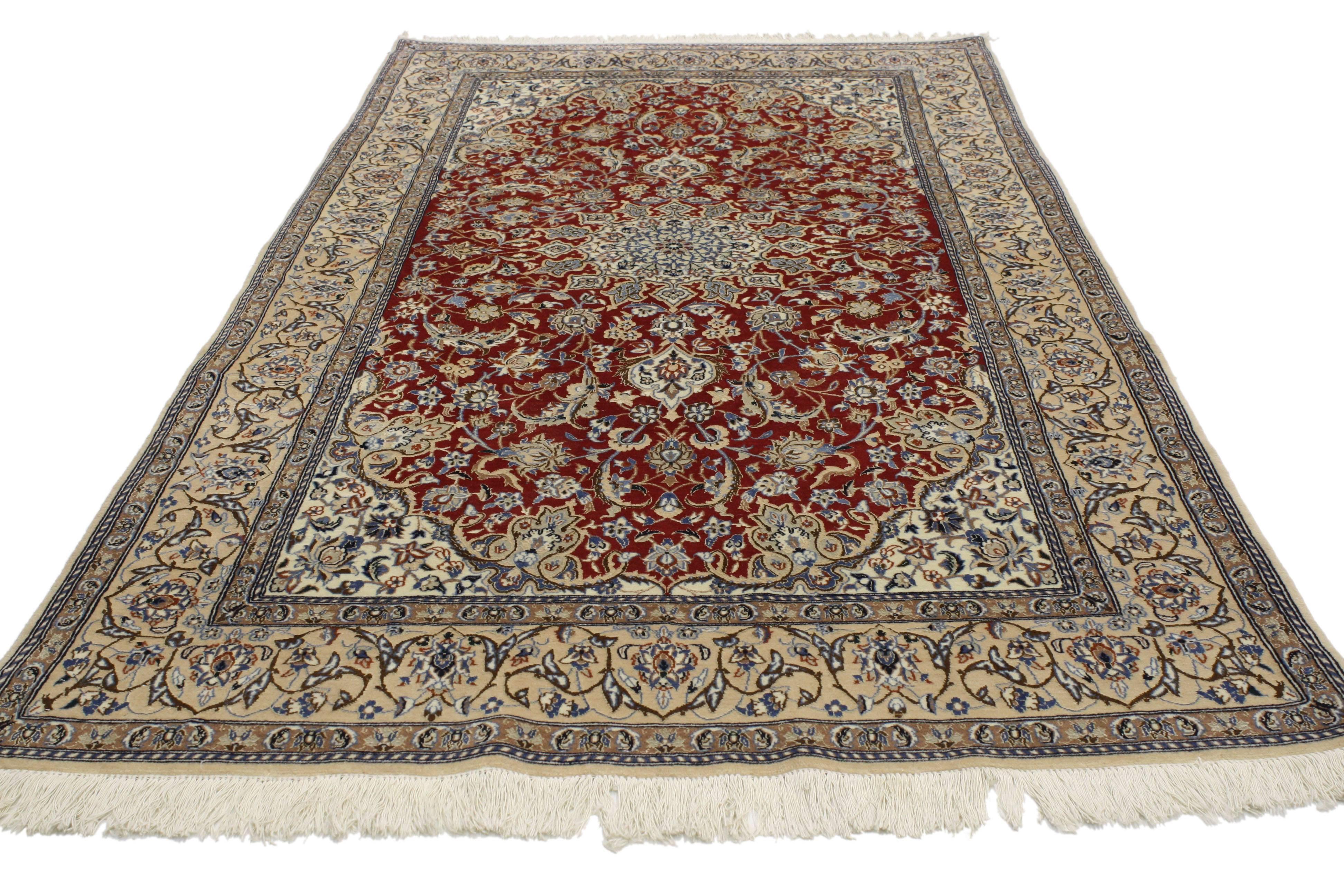 76998 Vintage Persian Nain Rug with Traditional Style. This hand-knotted wool vintage Persian Nain rug with traditional style features an ornate 16-point center medallion and breathtaking spandrels with an impressive all-over arabesque floral