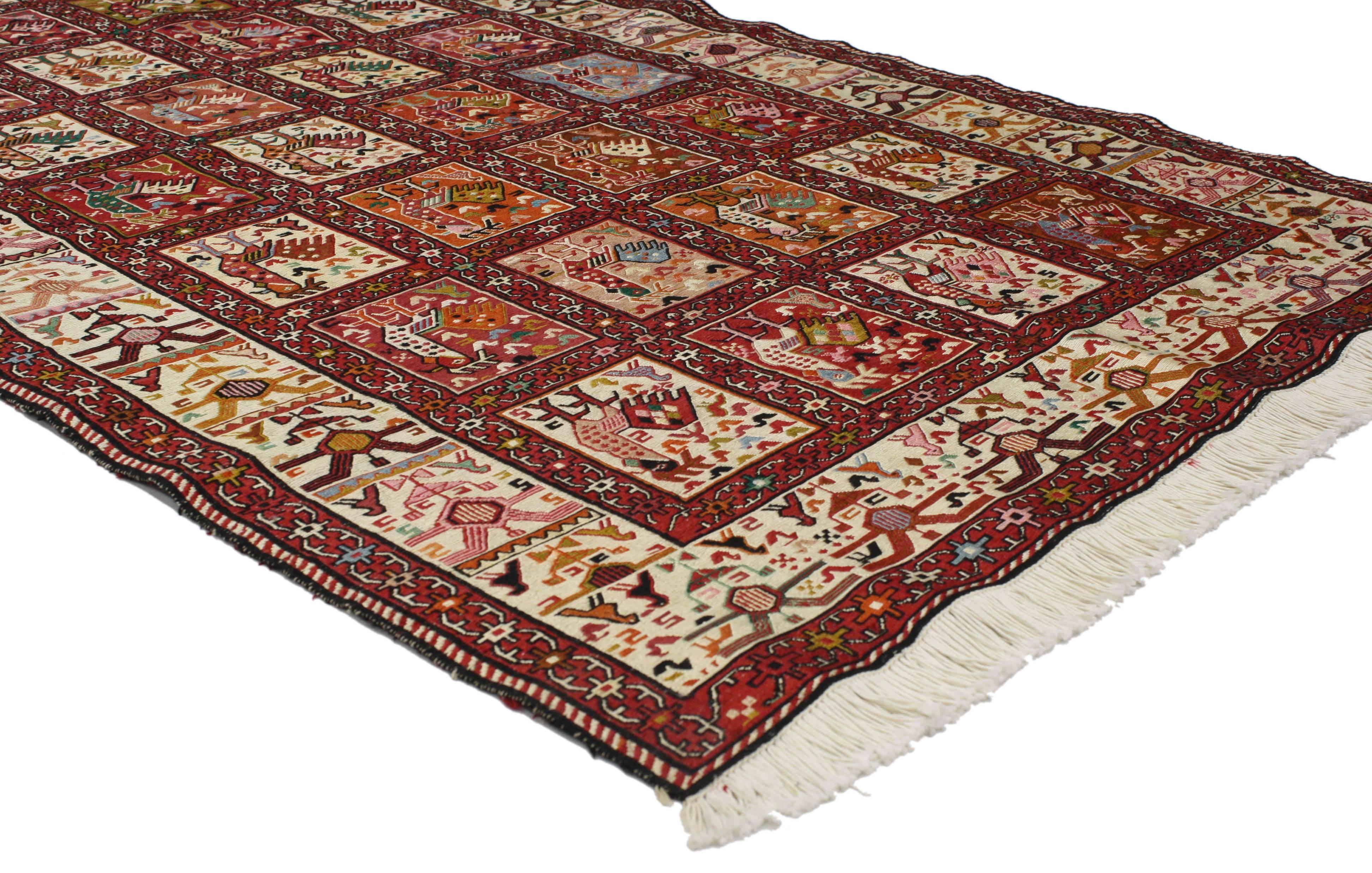 76997 Vintage Persian Soumak Rug, Flat-Weave Rooster Rug. With its nomadic charm and Tribal style, this vintage Persian Soumak rug with Tribal style is a striking statement piece. Hand-woven from wool, this flat-weave Soumak Rooster rug features a