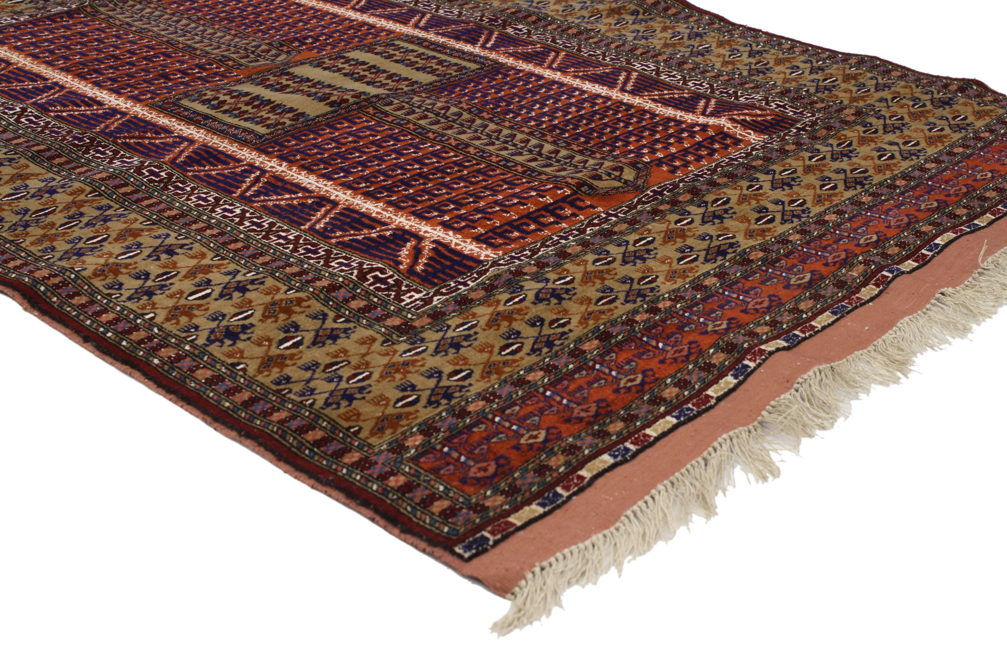 76995 Vintage Afghan Turkoman Tribal Ersari Engsi, Hatchli Tent Door Hanging Ensi. This hand knotted wool vintage Afghan Hatchli Ersari rug is also known as a Turkoman tent door Hanging aka Ensi. It features a compartmental design composed of an