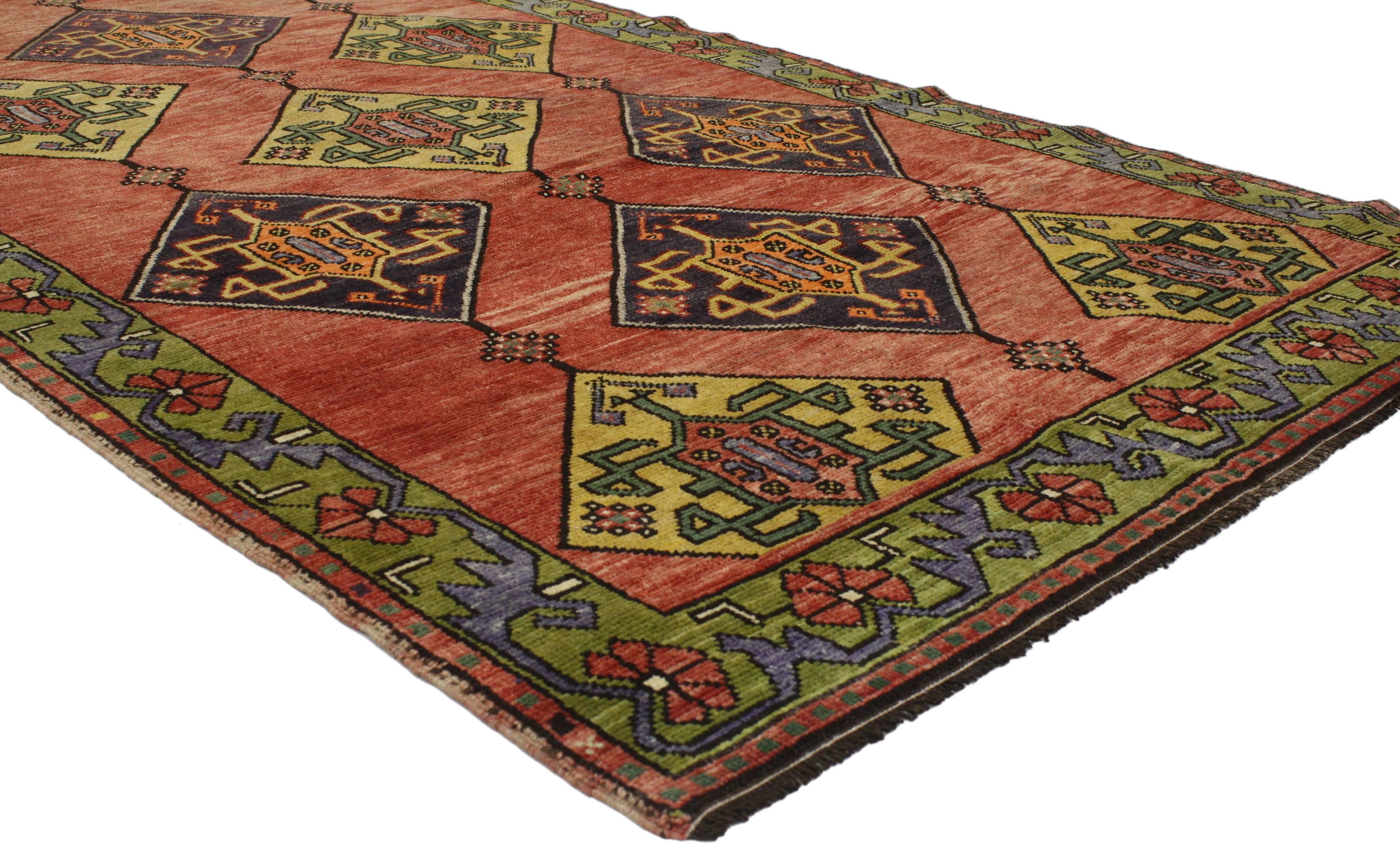 Vintage Turkish Oushak Runner with Art Deco Style, Wide Tribal Hallway Runner For Sale 3