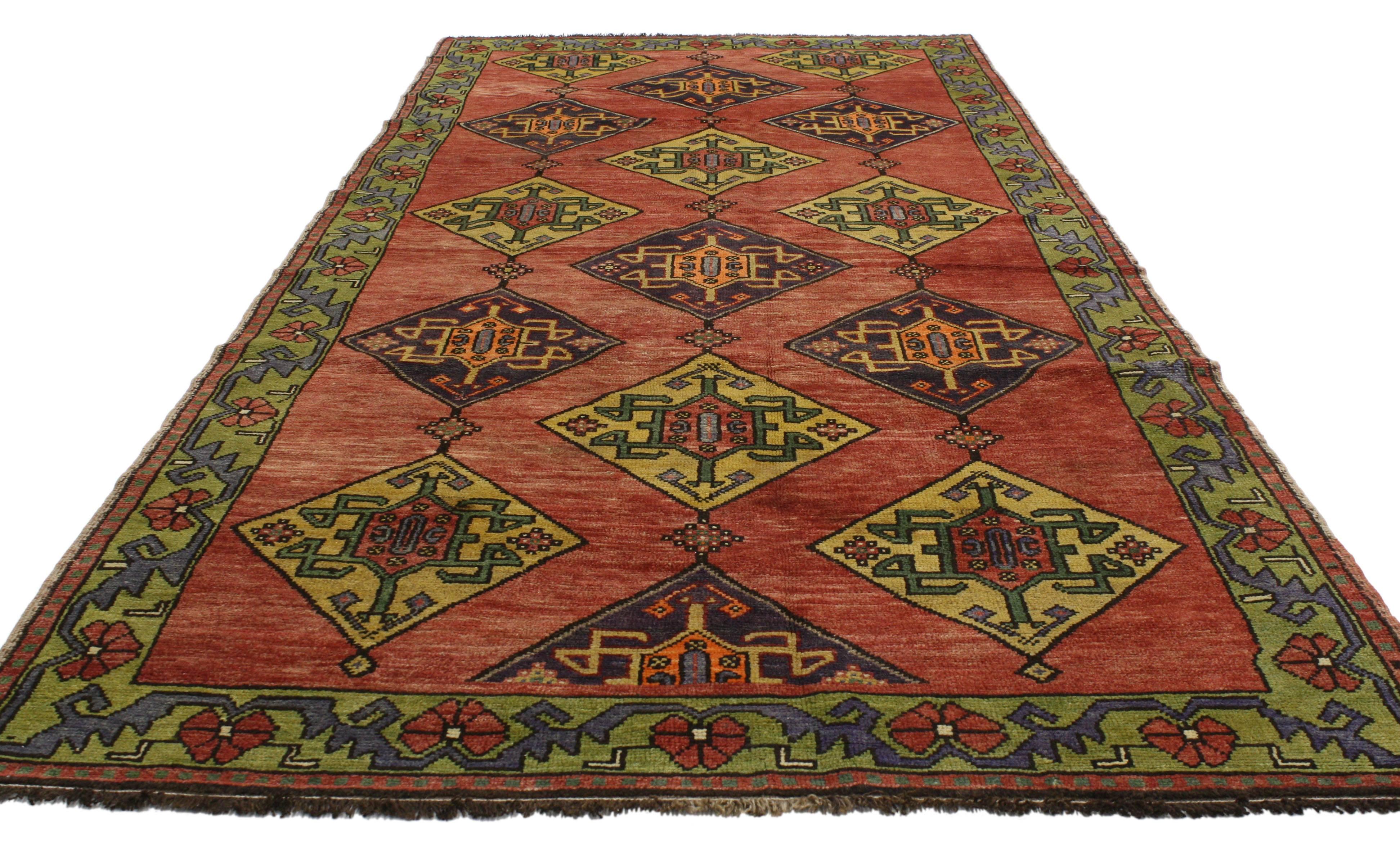 Vintage Turkish Oushak Runner with Art Deco Style, Wide Tribal Hallway Runner For Sale 4