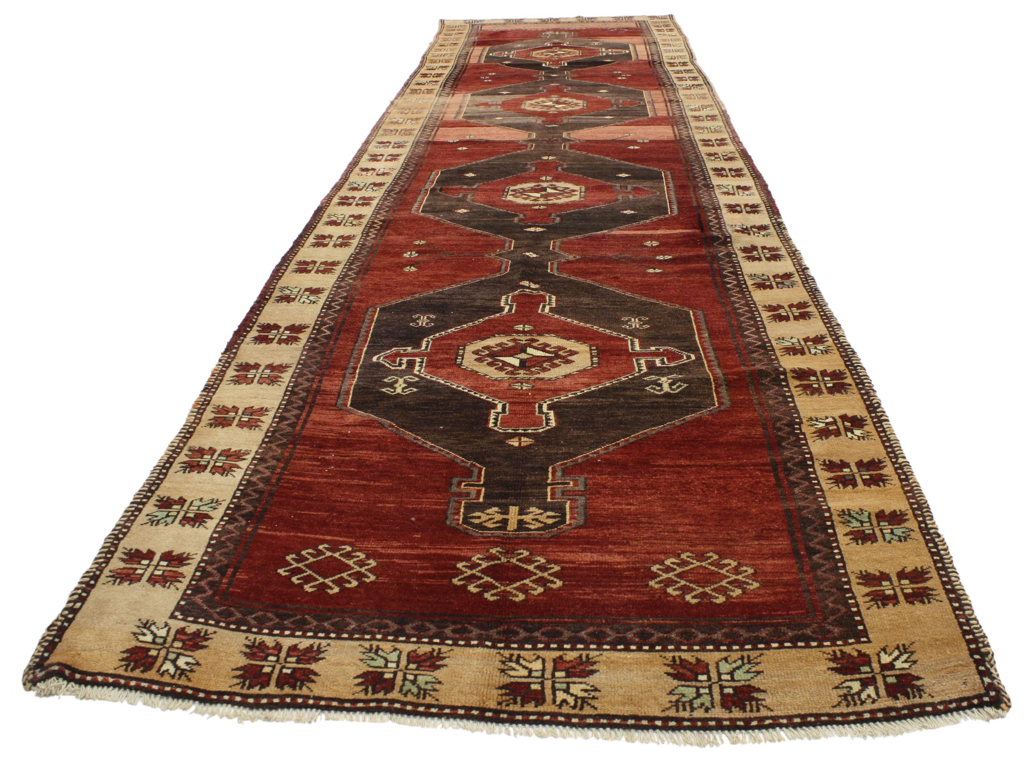 Vintage Turkish Oushak Runner with Mid-Century Modern Style, Hallway Long Runner For Sale 1