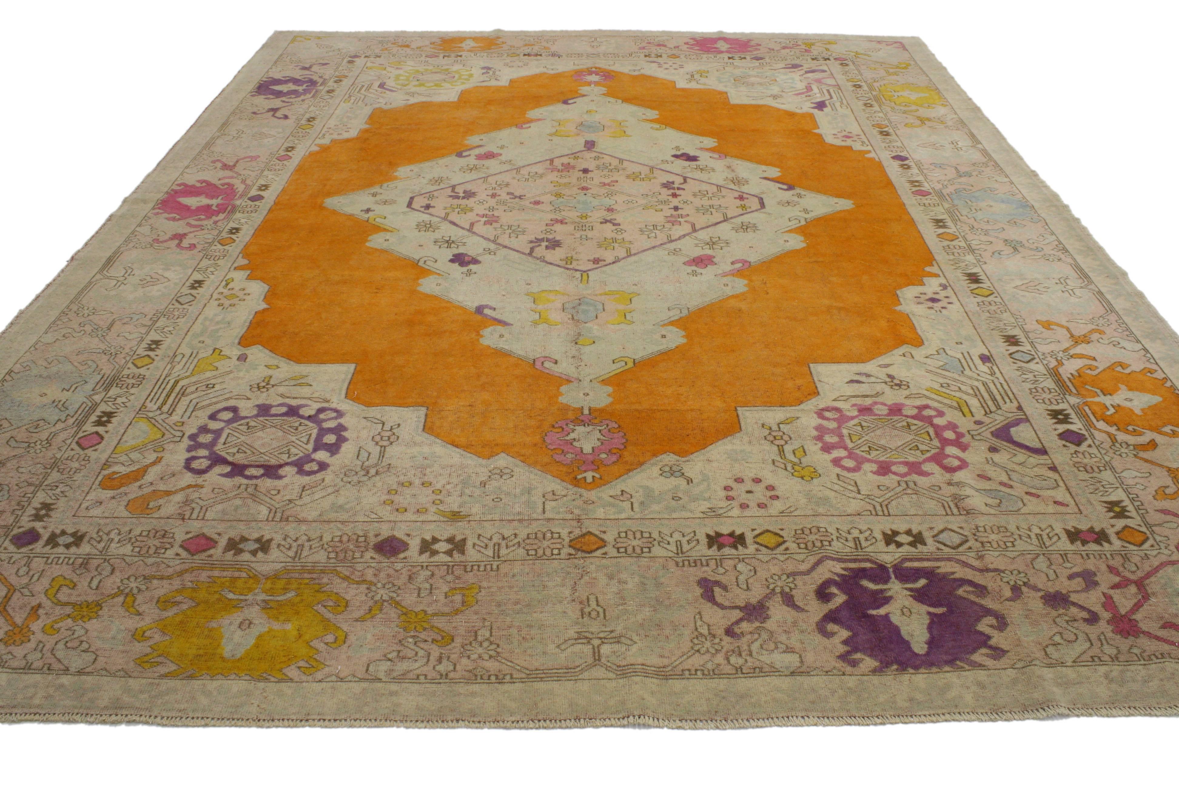 Hand-Knotted Vintage Turkish Oushak Rug with Modern Contemporary Style